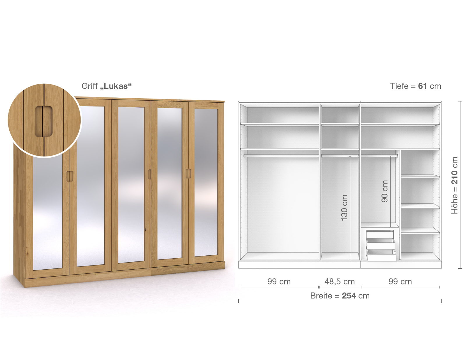 Schrank „Alpenrose“ aus Eiche Hell, 5-türig, Höhe 210 cm, Griffausführung „Lukas“, Inneneinrichtung D