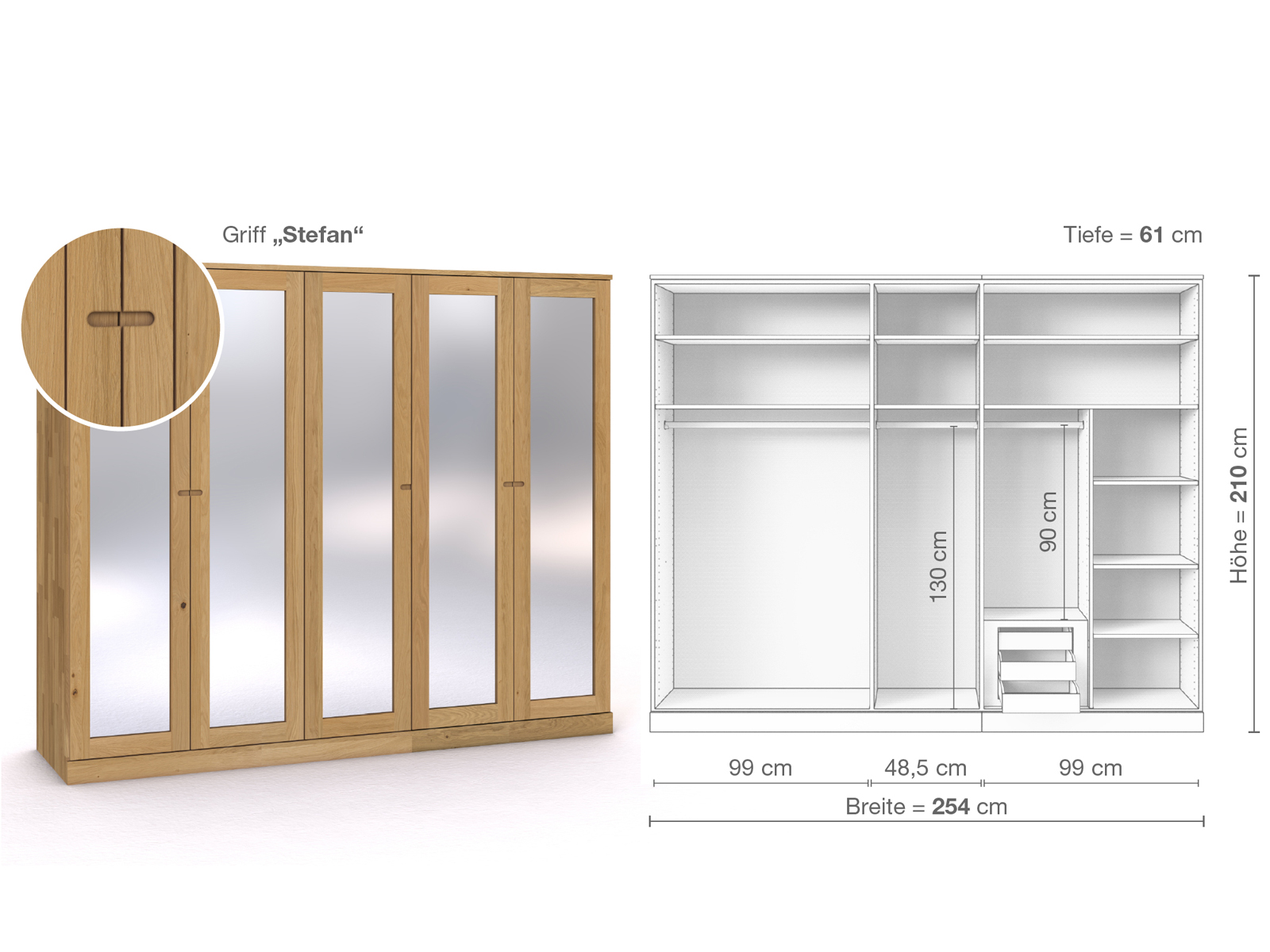 Schrank „Alpenrose“ aus Eiche Hell, 5-türig, Höhe 210 cm, Griffausführung „Stefan“, Inneneinrichtung D