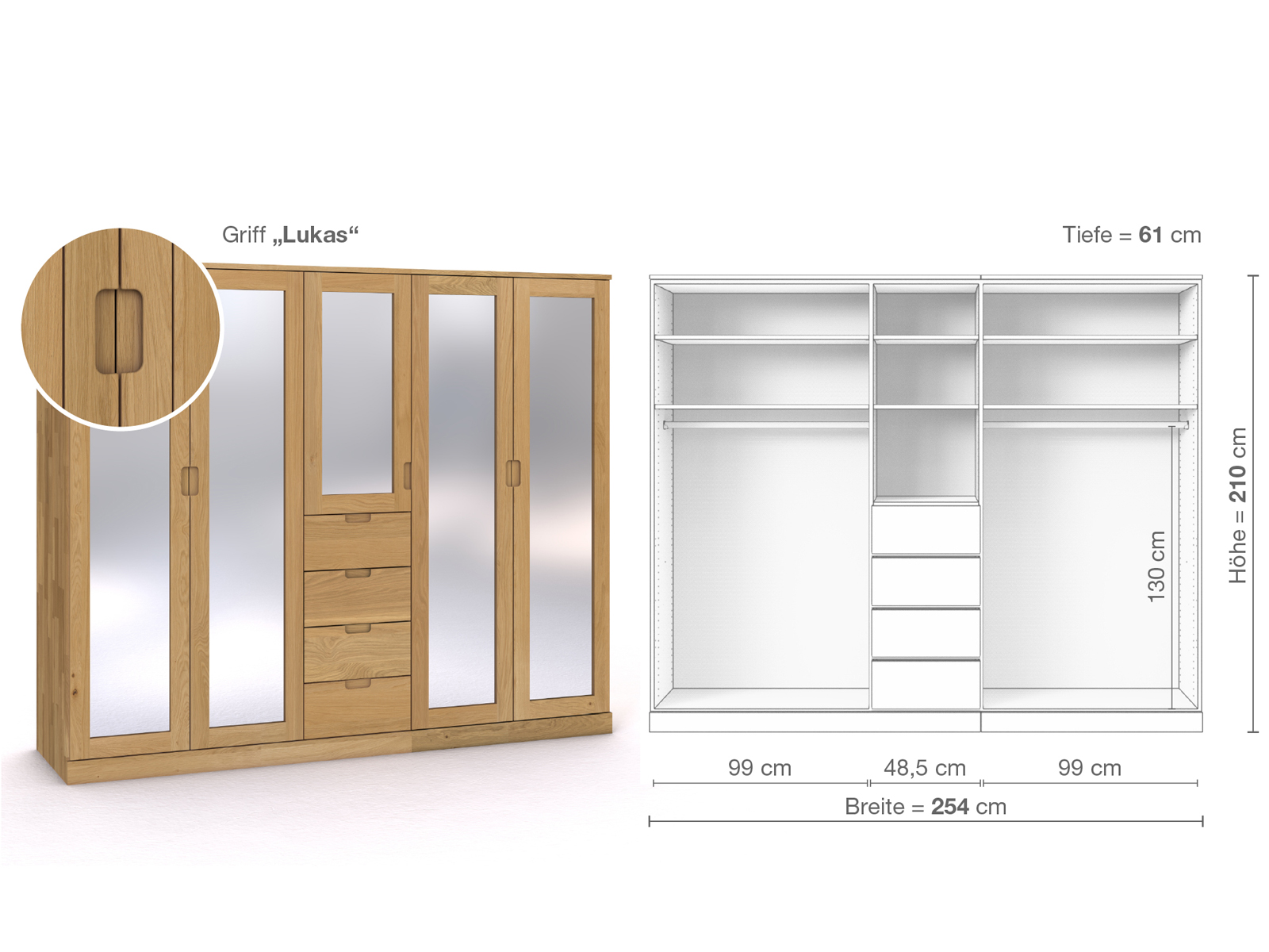 Schrank „Alpenrose“ aus Eiche Hell, 5-türig, Höhe 210 cm, Griffausführung „Lukas“, Inneneinrichtung E