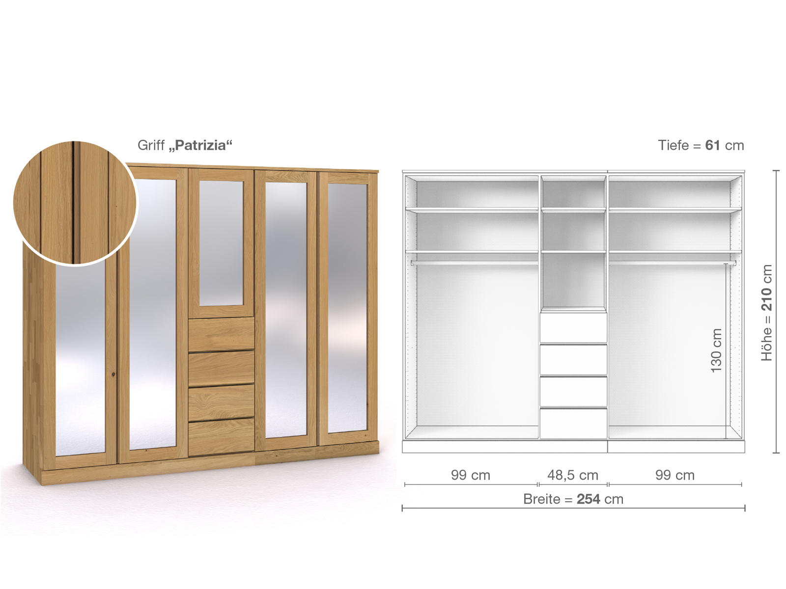 Schrank „Alpenrose“ aus Eiche Hell, 5-türig, Höhe 210 cm, Griffausführung „Patrizia“, Inneneinrichtung E