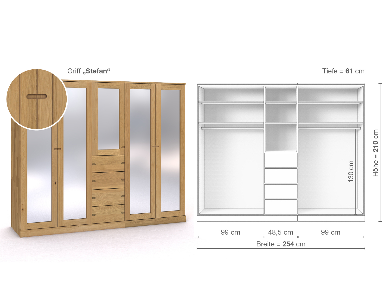 Schrank „Alpenrose“ aus Eiche Hell, 5-türig, Höhe 210 cm, Griffausführung „Stefan“, Inneneinrichtung E