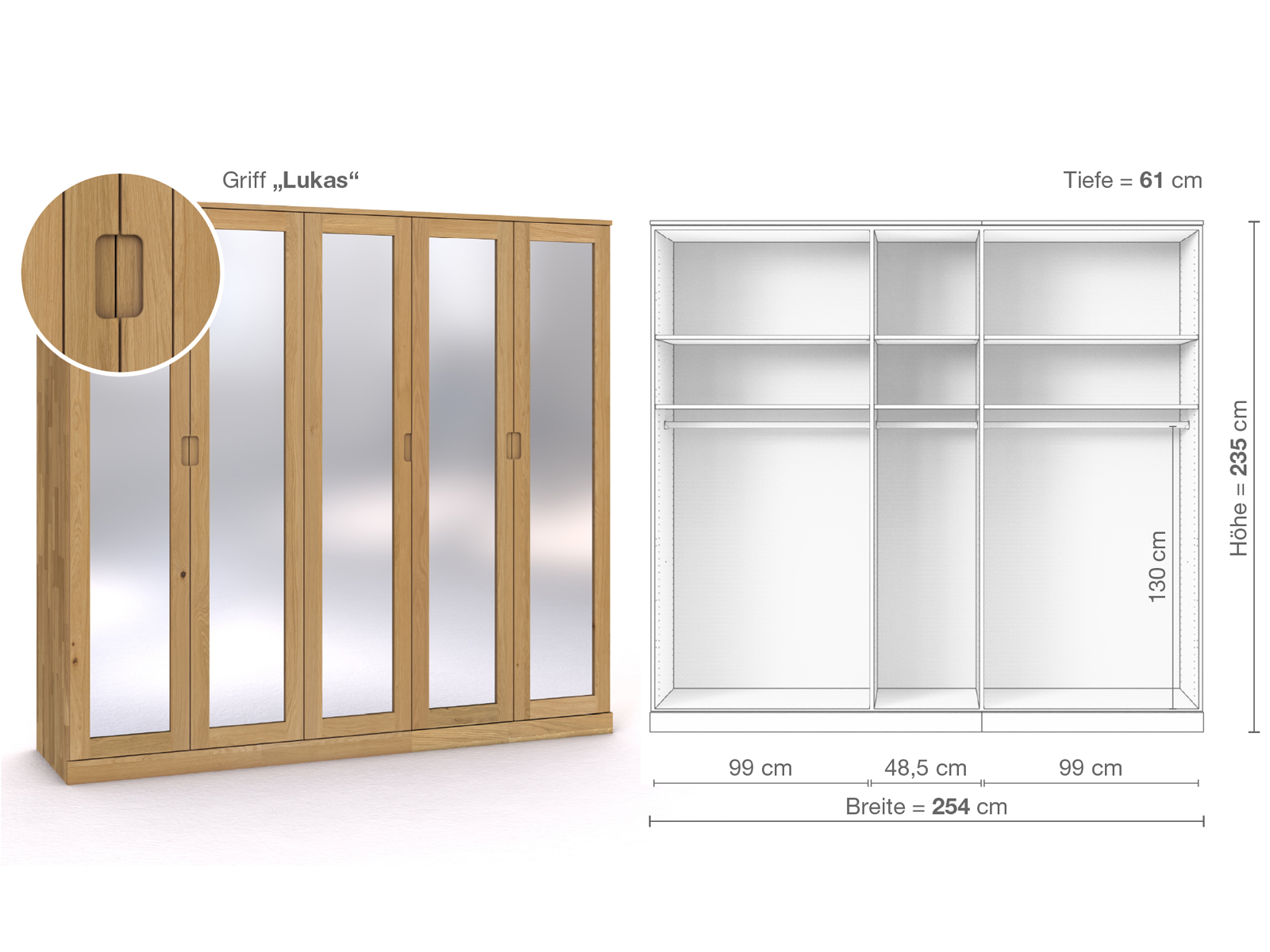 Schrank „Alpenrose“ aus Eiche Hell, 5-türig, Höhe 235 cm, Griffausführung „Lukas“, Inneneinrichtung A
