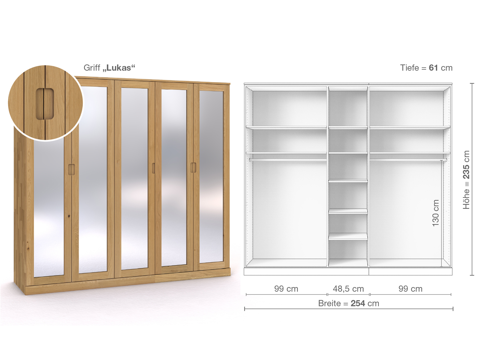 Schrank „Alpenrose“ aus Eiche Hell, 5-türig, Höhe 235 cm, Griffausführung „Lukas“, Inneneinrichtung B