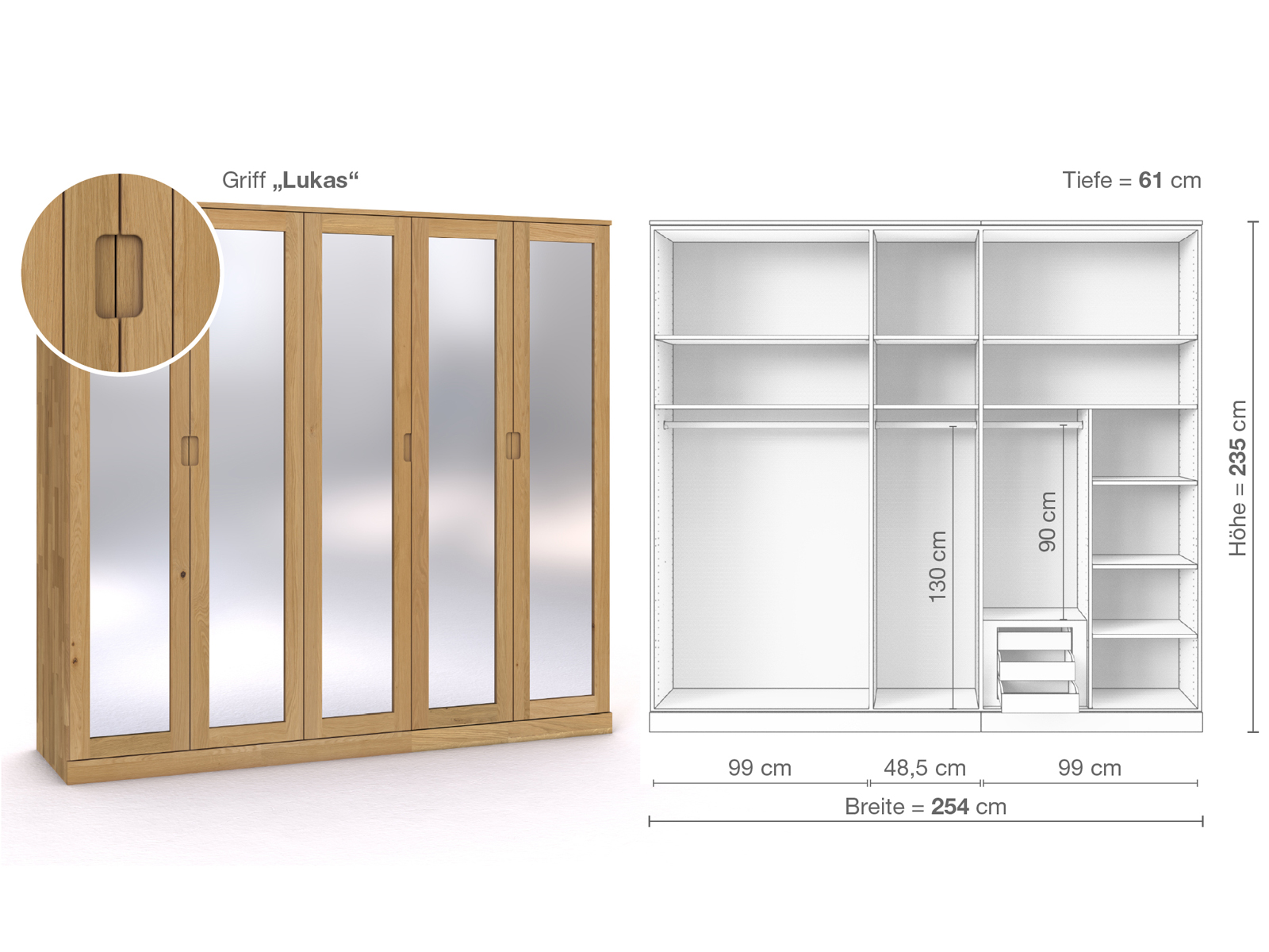 Schrank „Alpenrose“ aus Eiche Hell, 5-türig, Höhe 235 cm, Griffausführung „Lukas“, Inneneinrichtung D