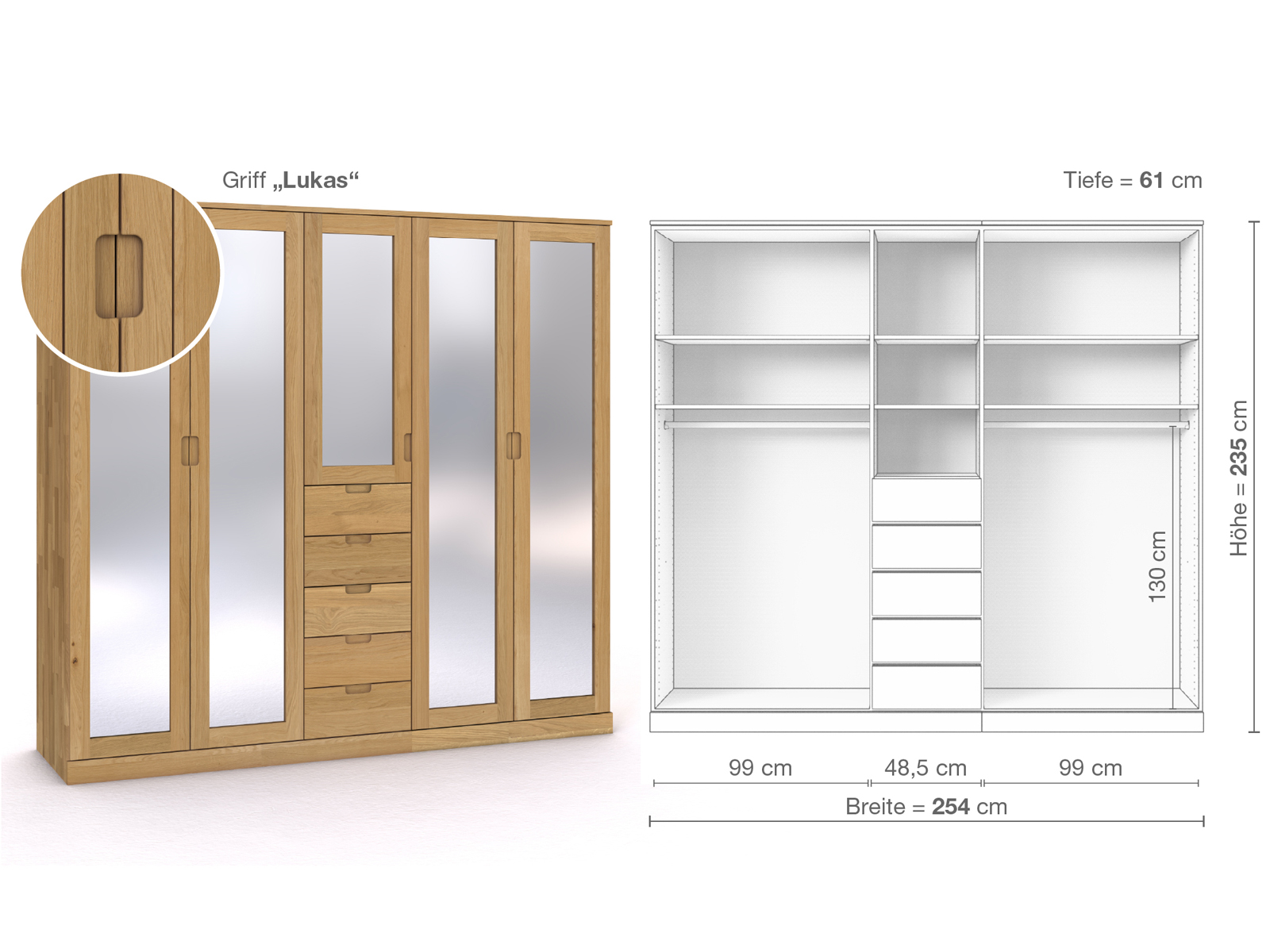 Schrank „Alpenrose“ aus Eiche Hell, 5-türig, Höhe 235 cm, Griffausführung „Lukas“, Inneneinrichtung E