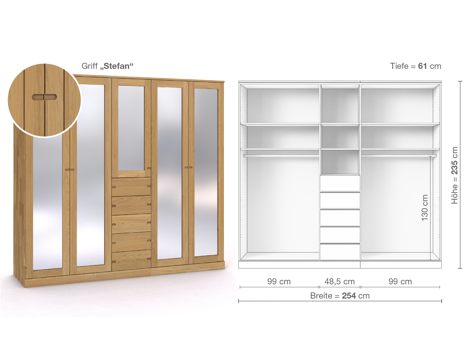 Schrank „Alpenrose“ aus Eiche Hell, 5-türig, Höhe 235 cm, Griffausführung „Stefan“, Inneneinrichtung E