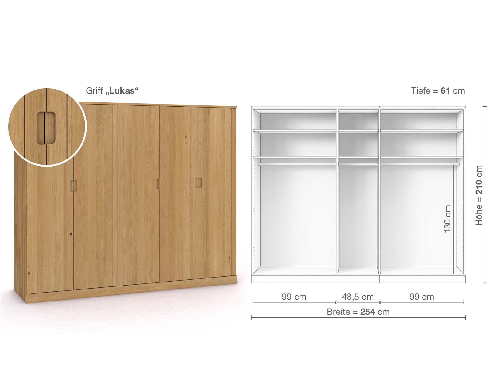 Schrank „Arnika“ aus Eiche Hell, 5-türig, Höhe 210 cm, Griffausführung „Lukas“, Inneneinrichtung A