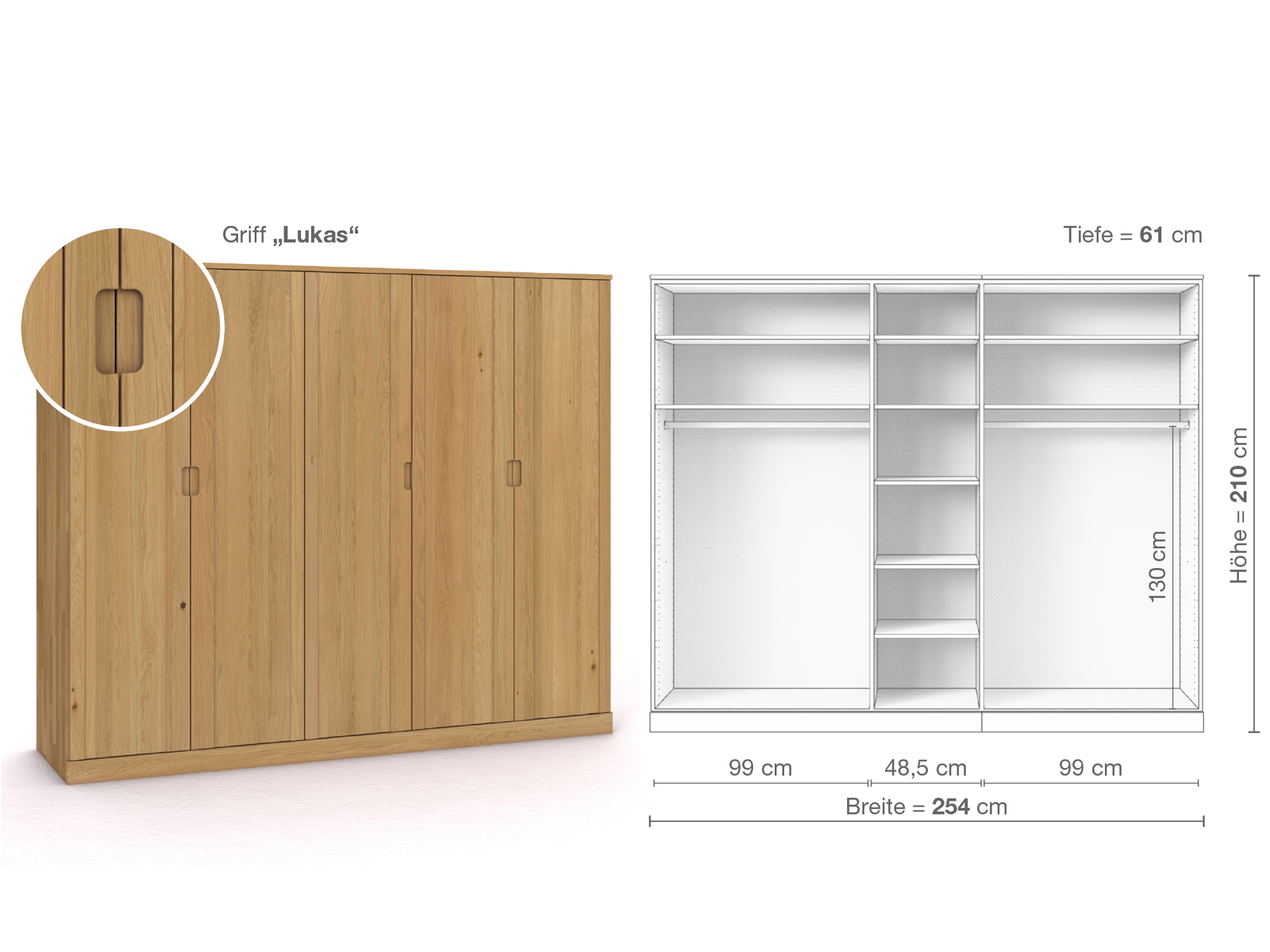 Schrank „Arnika“ aus Eiche Hell, 5-türig, Höhe 210 cm, Griffausführung „Lukas“, Inneneinrichtung B