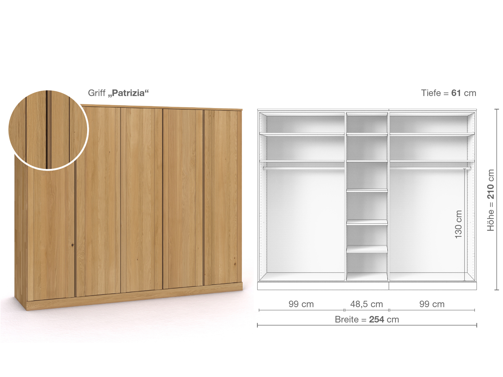 Schrank „Arnika“ aus Eiche Hell, 5-türig, Höhe 210 cm, Griffausführung „Patrizia“, Inneneinrichtung B