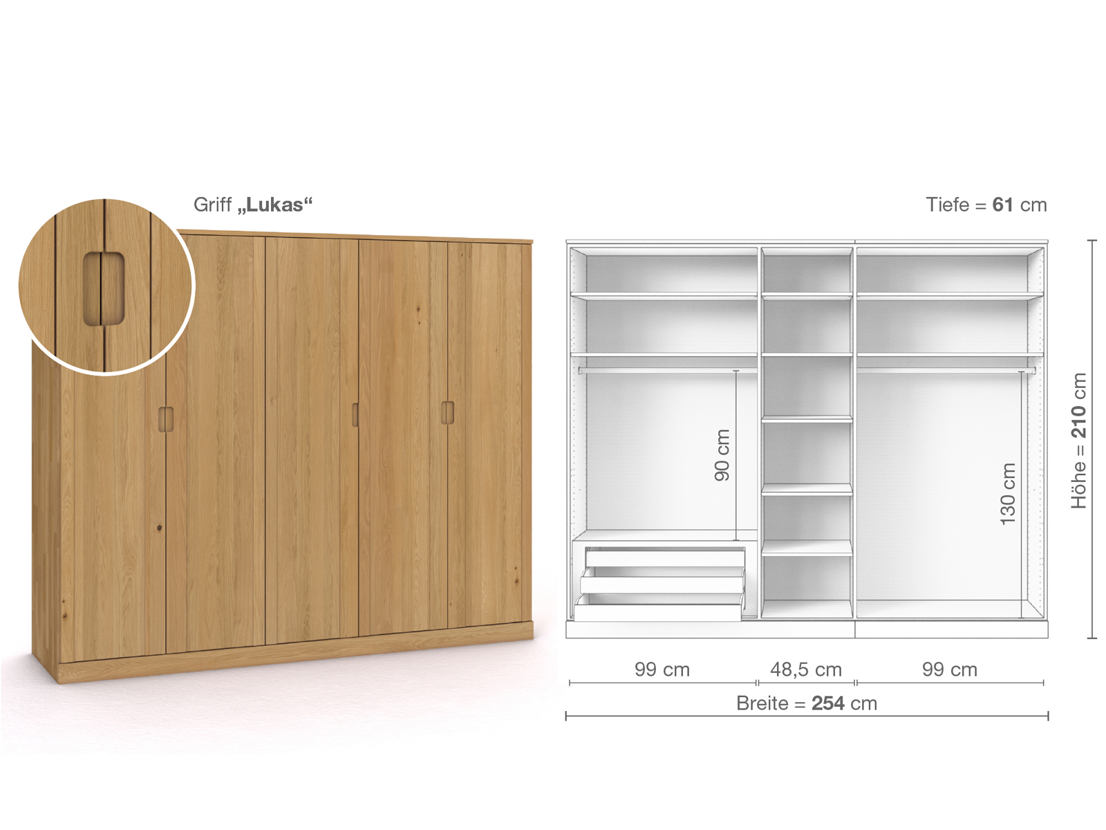 Schrank „Arnika“ aus Eiche Hell, 5-türig, Höhe 210 cm, Griffausführung „Lukas“, Inneneinrichtung C