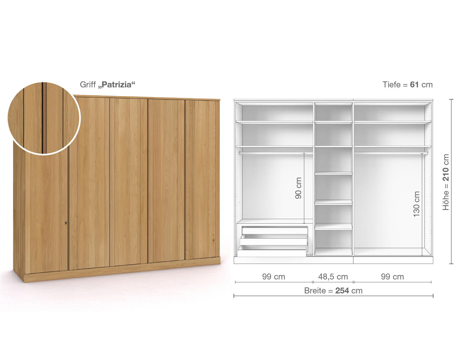 Schrank „Arnika“ aus Eiche Hell, 5-türig, Höhe 210 cm, Griffausführung „Patrizia“, Inneneinrichtung C