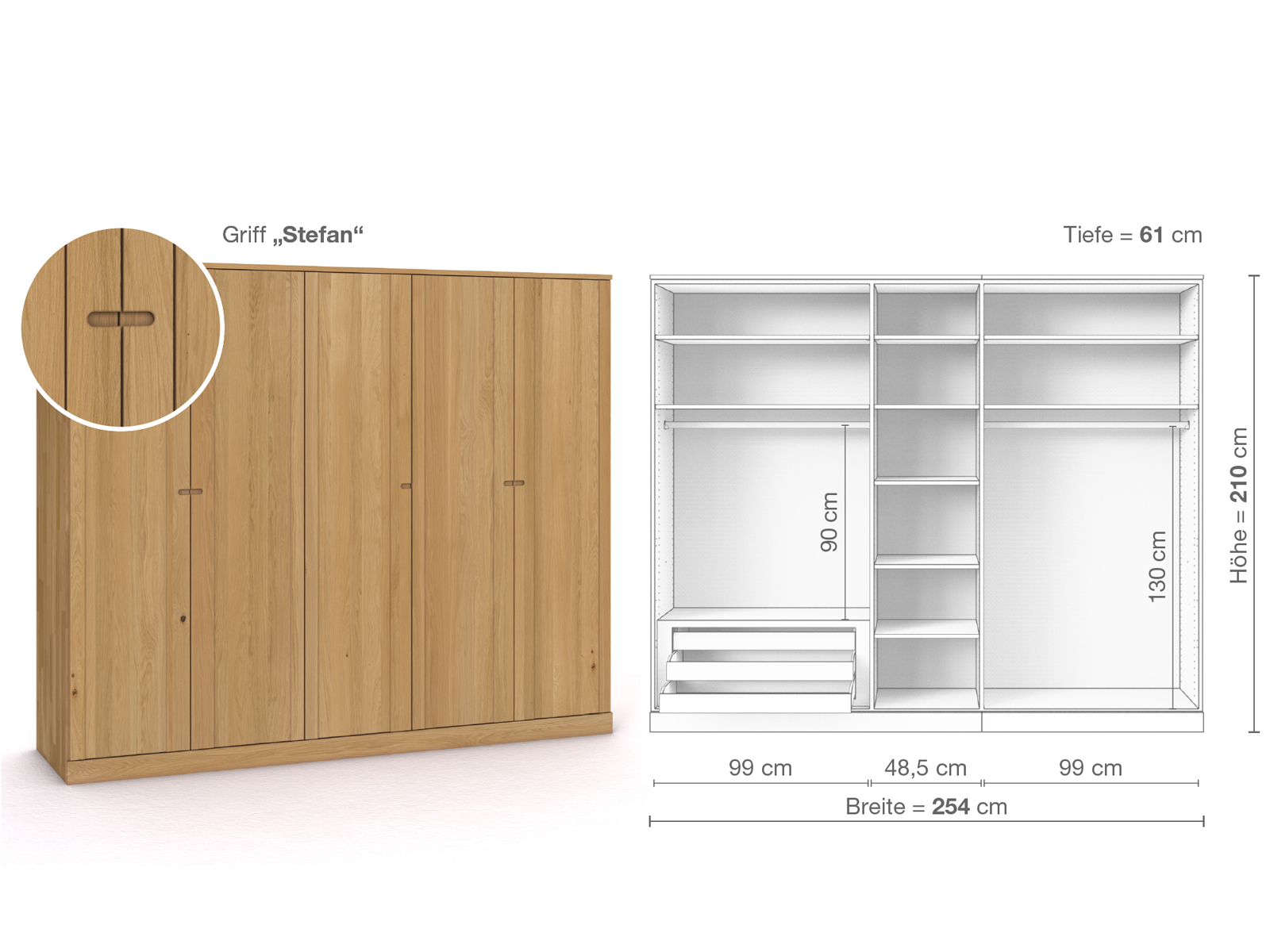 Schrank „Arnika“ aus Eiche Hell, 5-türig, Höhe 210 cm, Griffausführung „Stefan“, Inneneinrichtung C