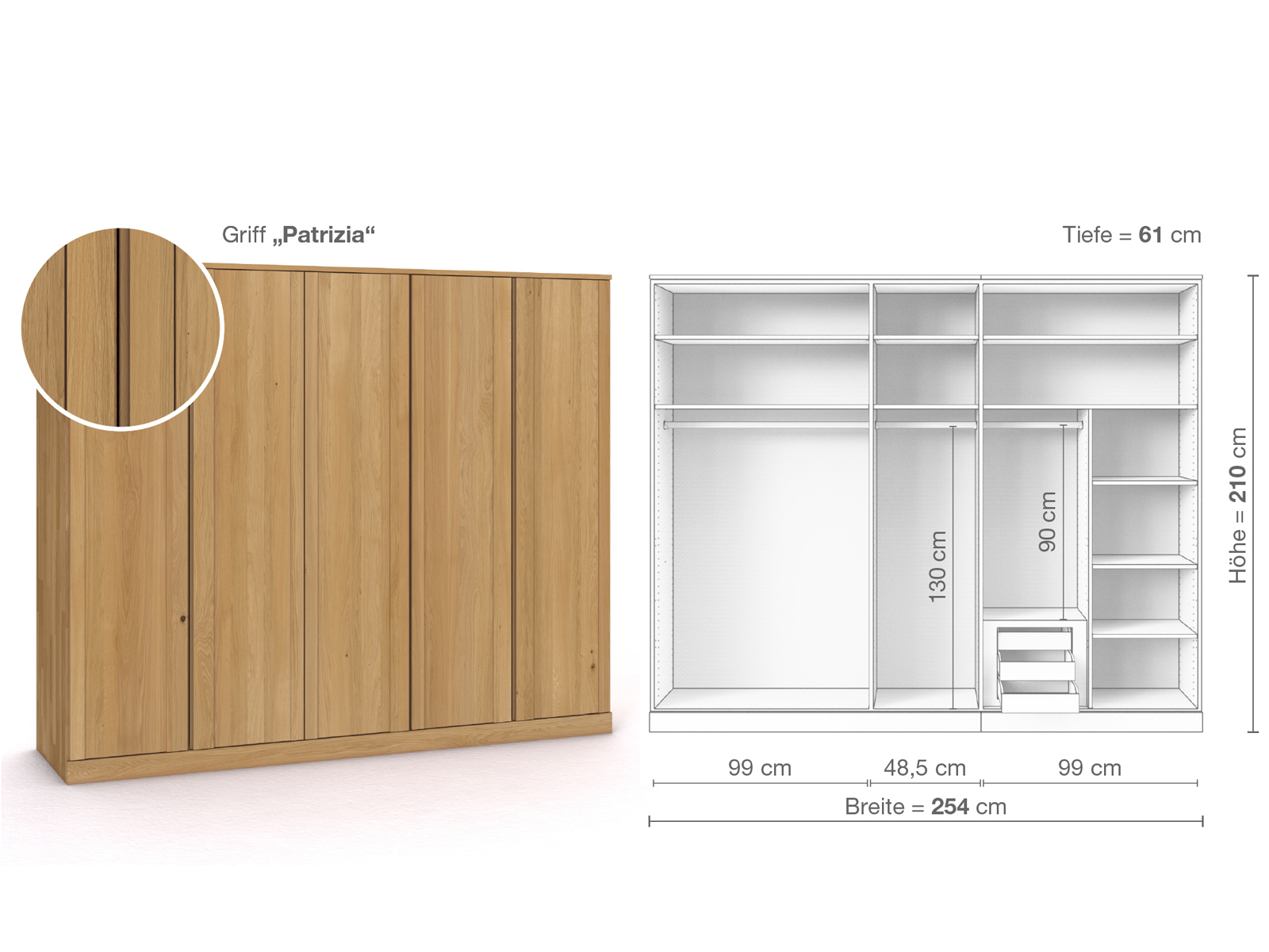 Schrank „Arnika“ aus Eiche Hell, 5-türig, Höhe 210 cm, Griffausführung „Patrizia“, Inneneinrichtung D