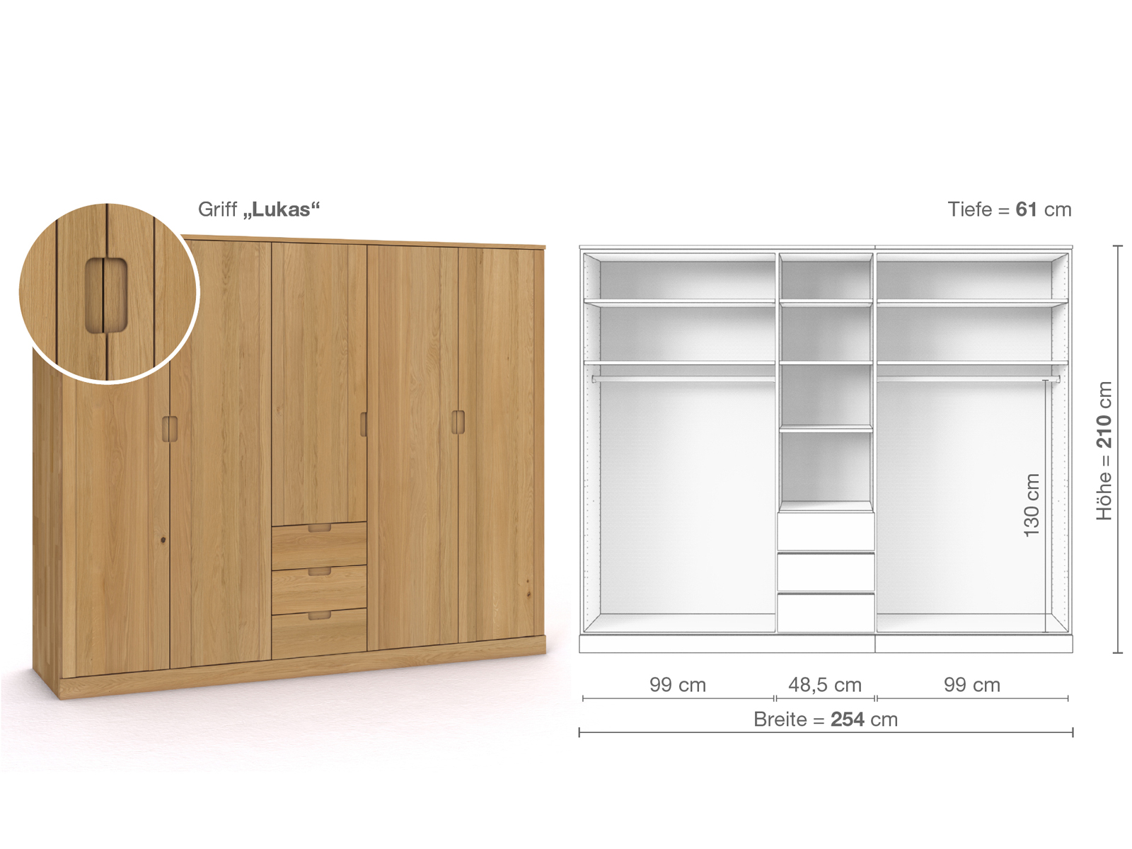 Schrank „Arnika“ aus Eiche Hell, 5-türig, Höhe 210 cm, Griffausführung „Lukas“, Inneneinrichtung E