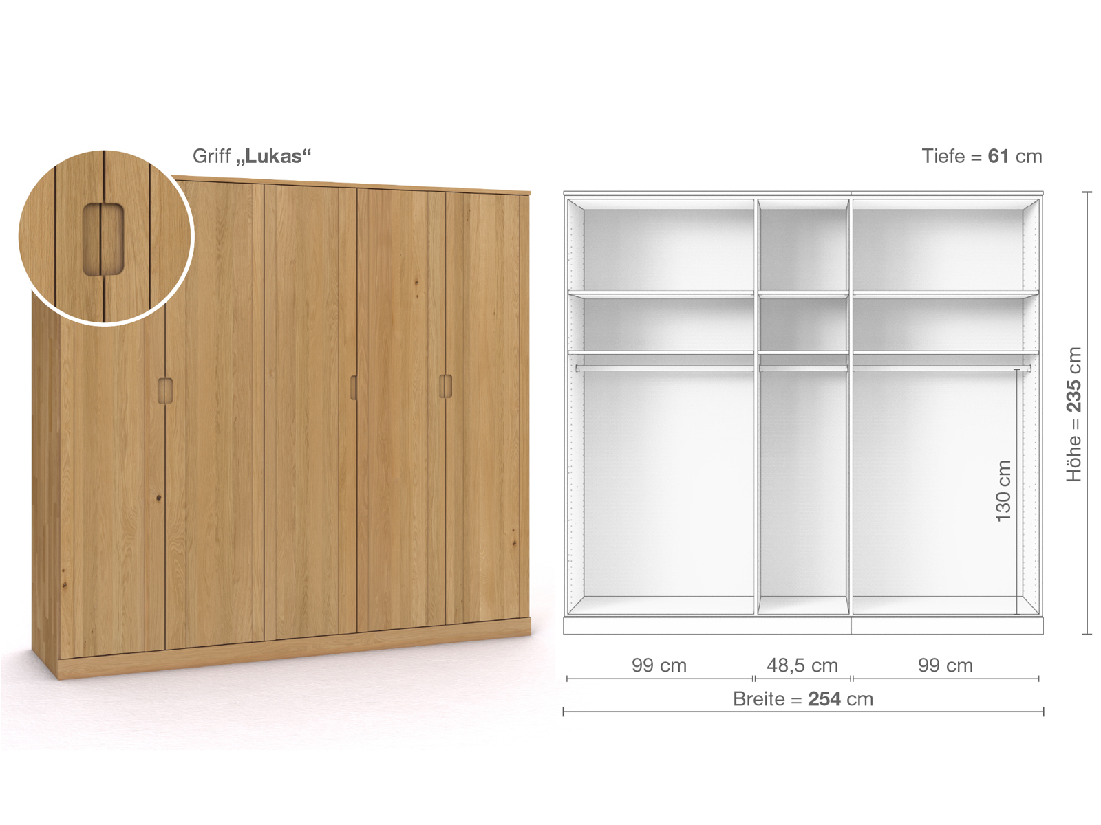 Schrank „Arnika“ aus Eiche Hell, 5-türig, Höhe 235 cm, Griffausführung „Lukas“, Inneneinrichtung A