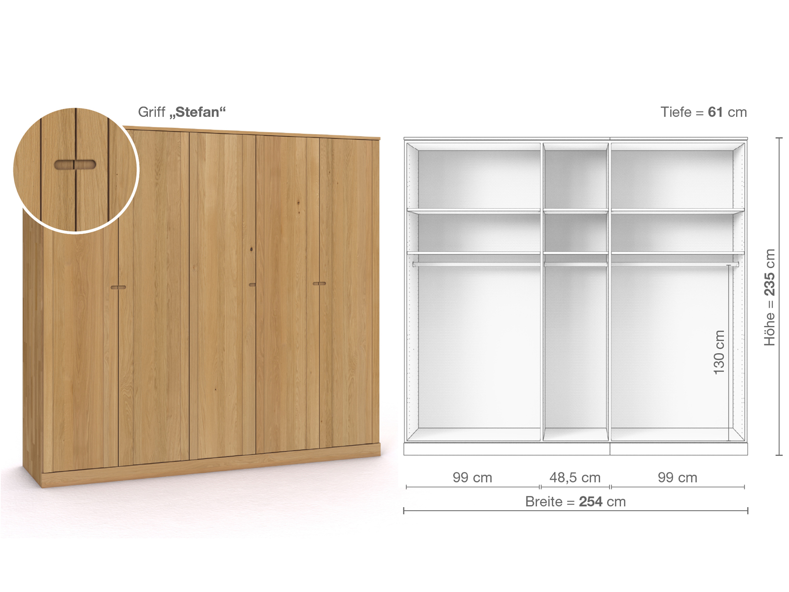 Schrank „Arnika“ aus Eiche Hell, 5-türig, Höhe 235 cm, Griffausführung „Stefan“, Inneneinrichtung A