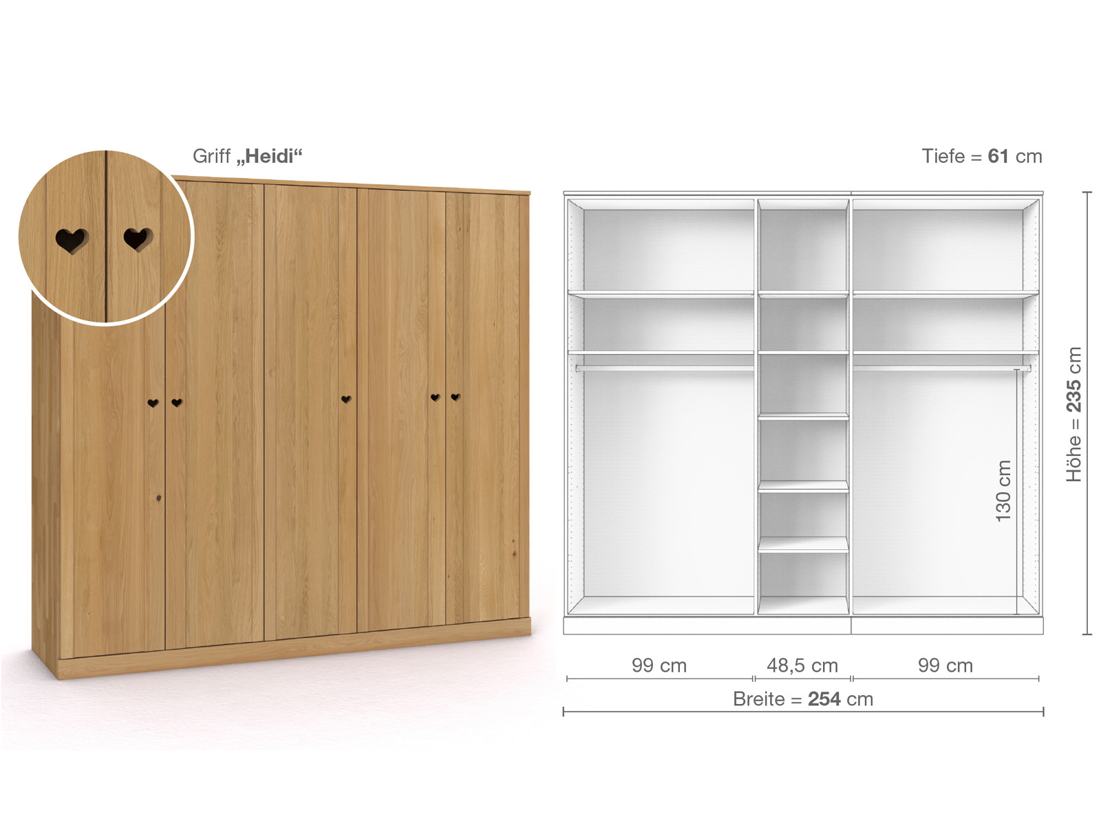 Schrank „Arnika“ aus Eiche Hell, 5-türig, Höhe 235 cm, Griffausführung „Heidi“, Inneneinrichtung B