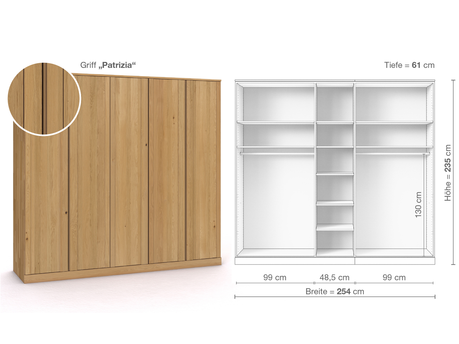 Schrank „Arnika“ aus Eiche Hell, 5-türig, Höhe 235 cm, Griffausführung „Patrizia“, Inneneinrichtung B