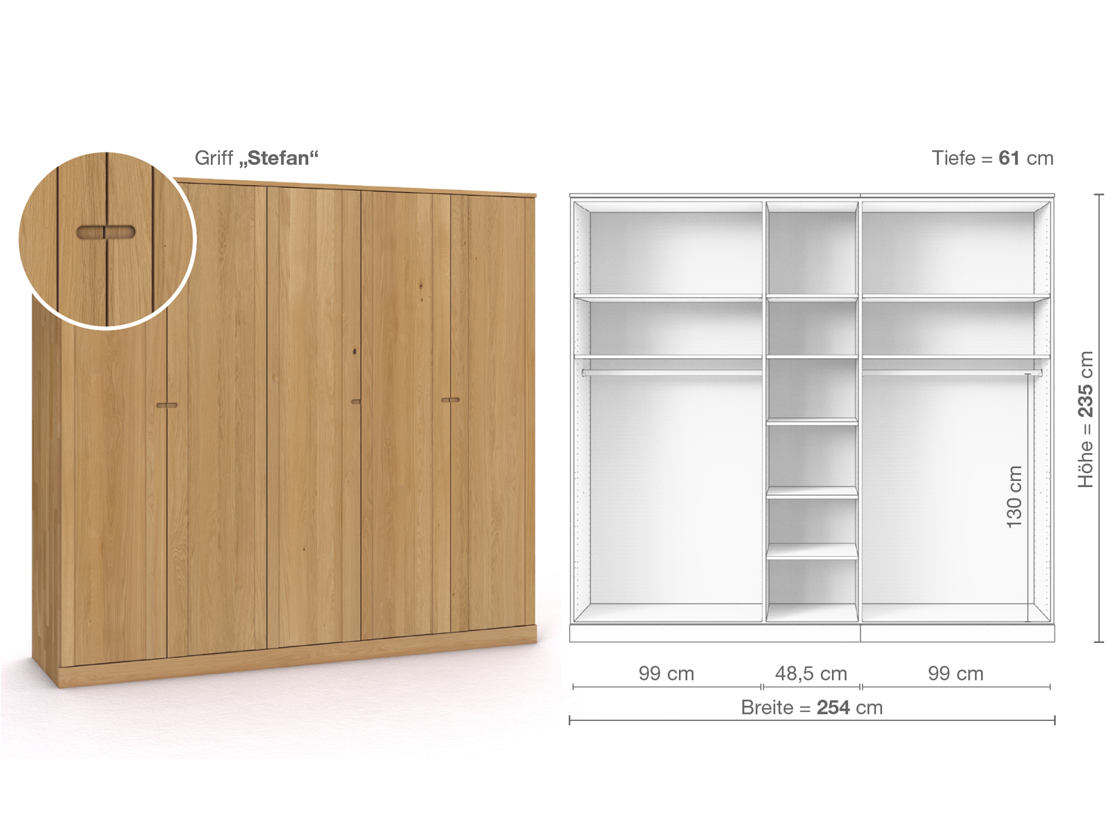 Schrank „Arnika“ aus Eiche Hell, 5-türig, Höhe 235 cm, Griffausführung „Stefan“, Inneneinrichtung B