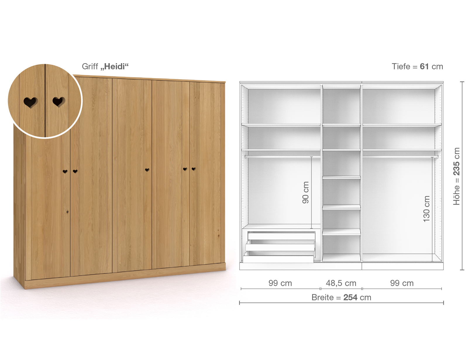 Schrank „Arnika“ aus Eiche Hell, 5-türig, Höhe 235 cm, Griffausführung „Heidi“, Inneneinrichtung C