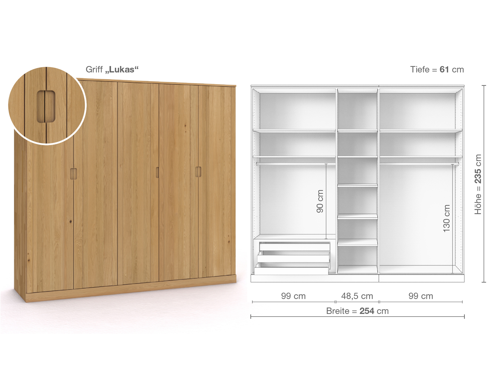 Schrank „Arnika“ aus Eiche Hell, 5-türig, Höhe 235 cm, Griffausführung „Lukas“, Inneneinrichtung C