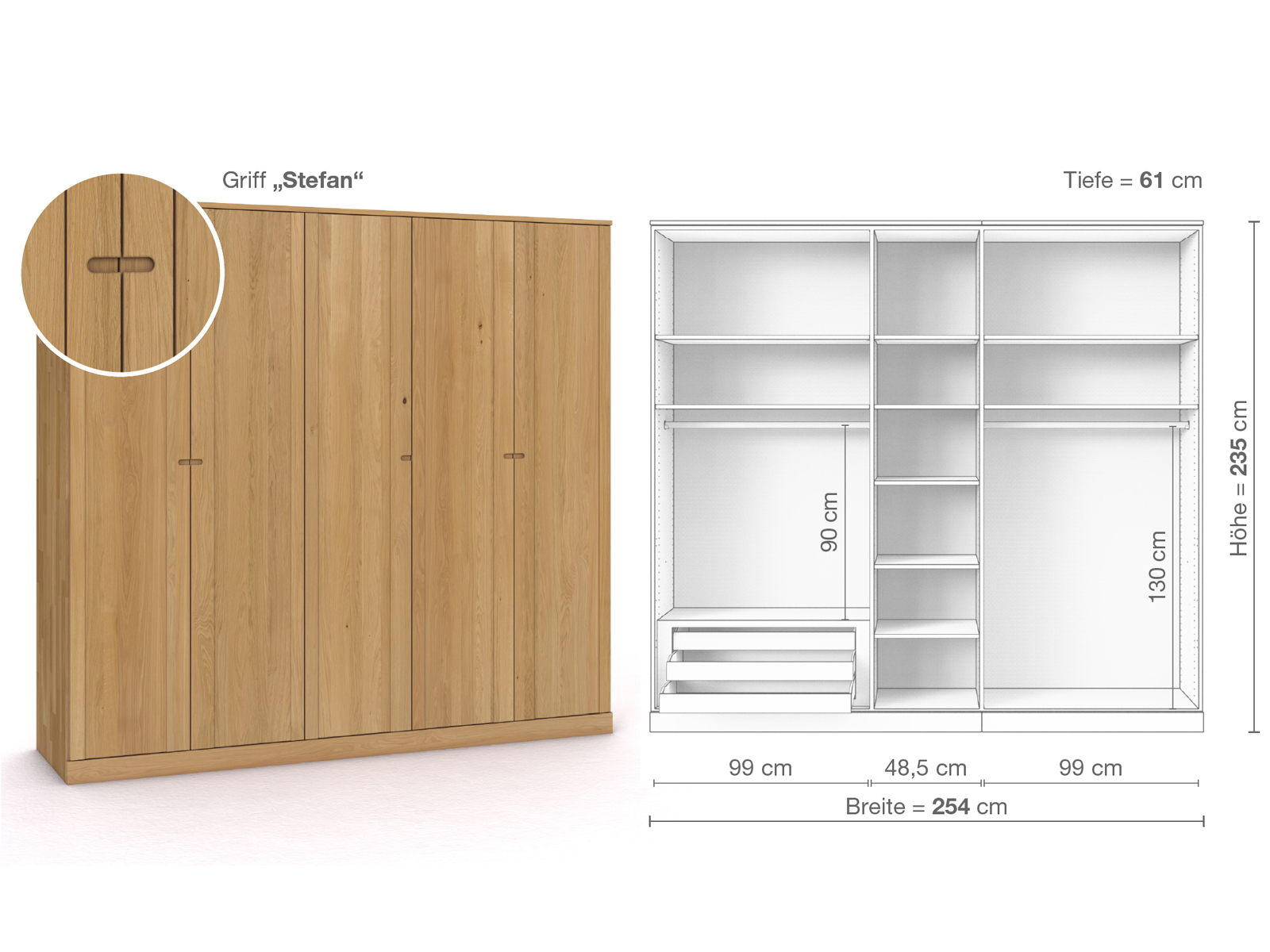 Schrank „Arnika“ aus Eiche Hell, 5-türig, Höhe 235 cm, Griffausführung „Stefan“, Inneneinrichtung C