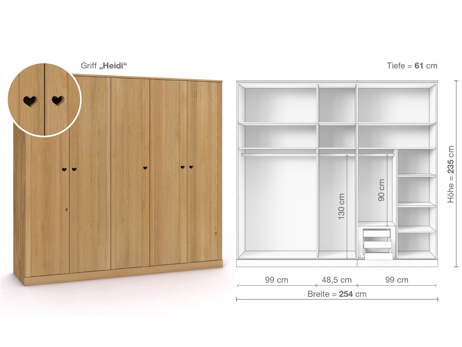 Schrank „Arnika“ aus Eiche Hell, 5-türig, Höhe 235 cm, Griffausführung „Heidi“, Inneneinrichtung D