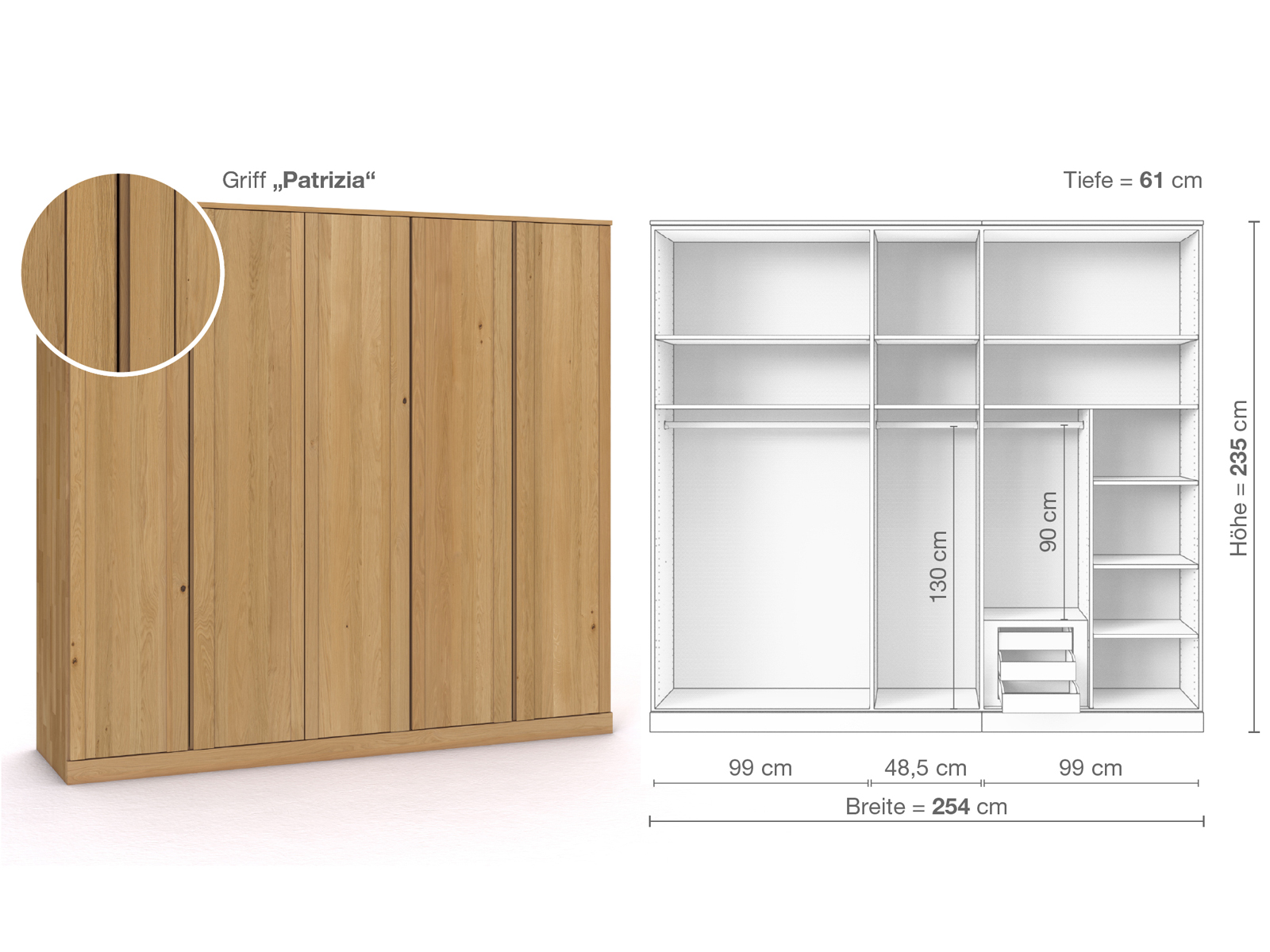 Schrank „Arnika“ aus Eiche Hell, 5-türig, Höhe 235 cm, Griffausführung „Patrizia“, Inneneinrichtung D