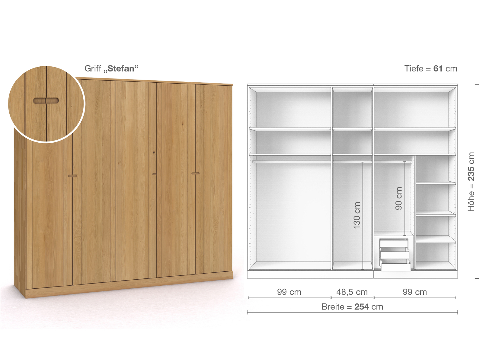 Schrank „Arnika“ aus Eiche Hell, 5-türig, Höhe 235 cm, Griffausführung „Stefan“, Inneneinrichtung D