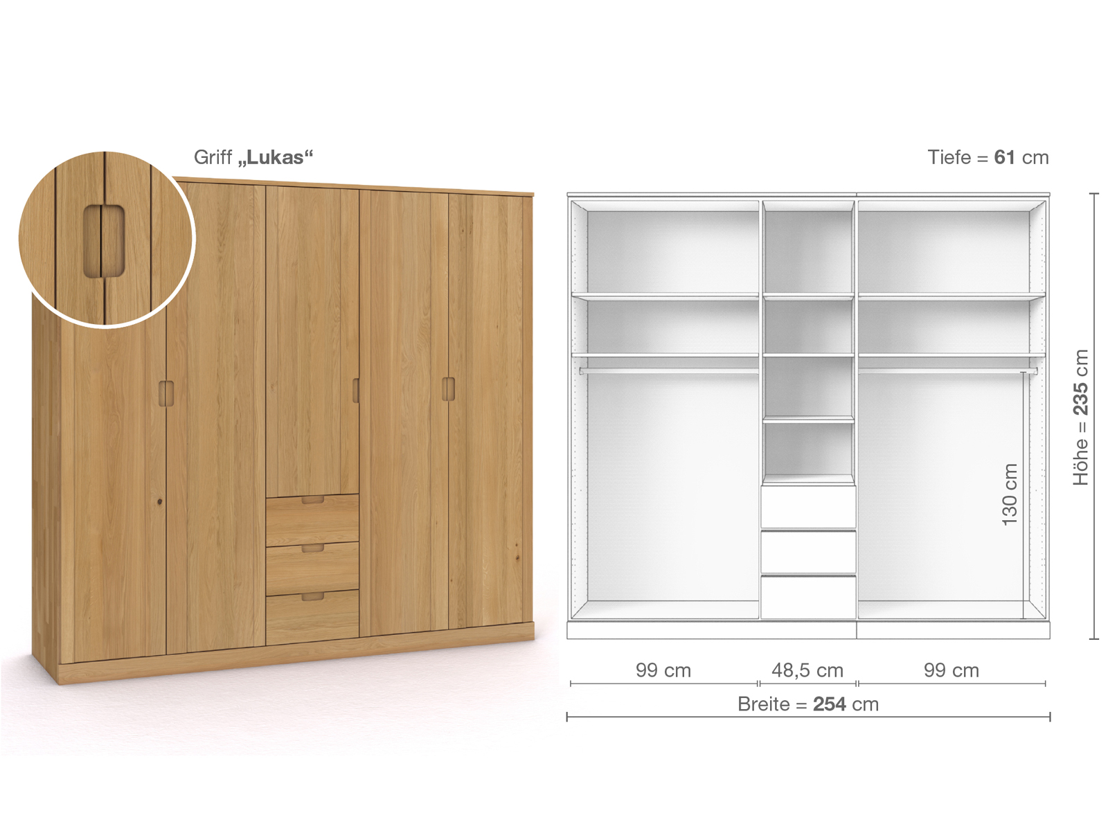 Schrank „Arnika“ aus Eiche Hell, 5-türig, Höhe 235 cm, Griffausführung „Lukas“, Inneneinrichtung E