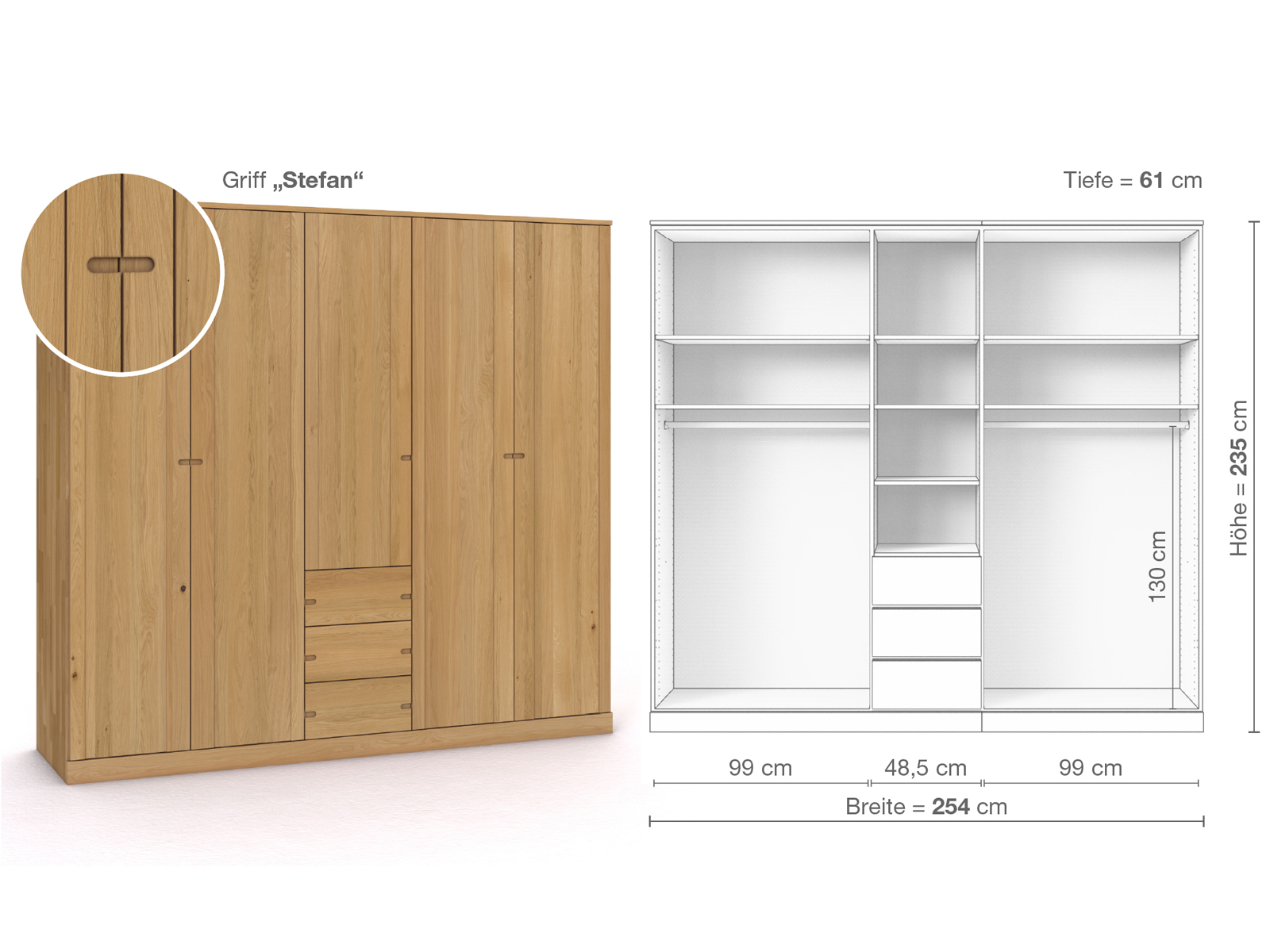 Schrank „Arnika“ aus Eiche Hell, 5-türig, Höhe 235 cm, Griffausführung „Stefan“, Inneneinrichtung E