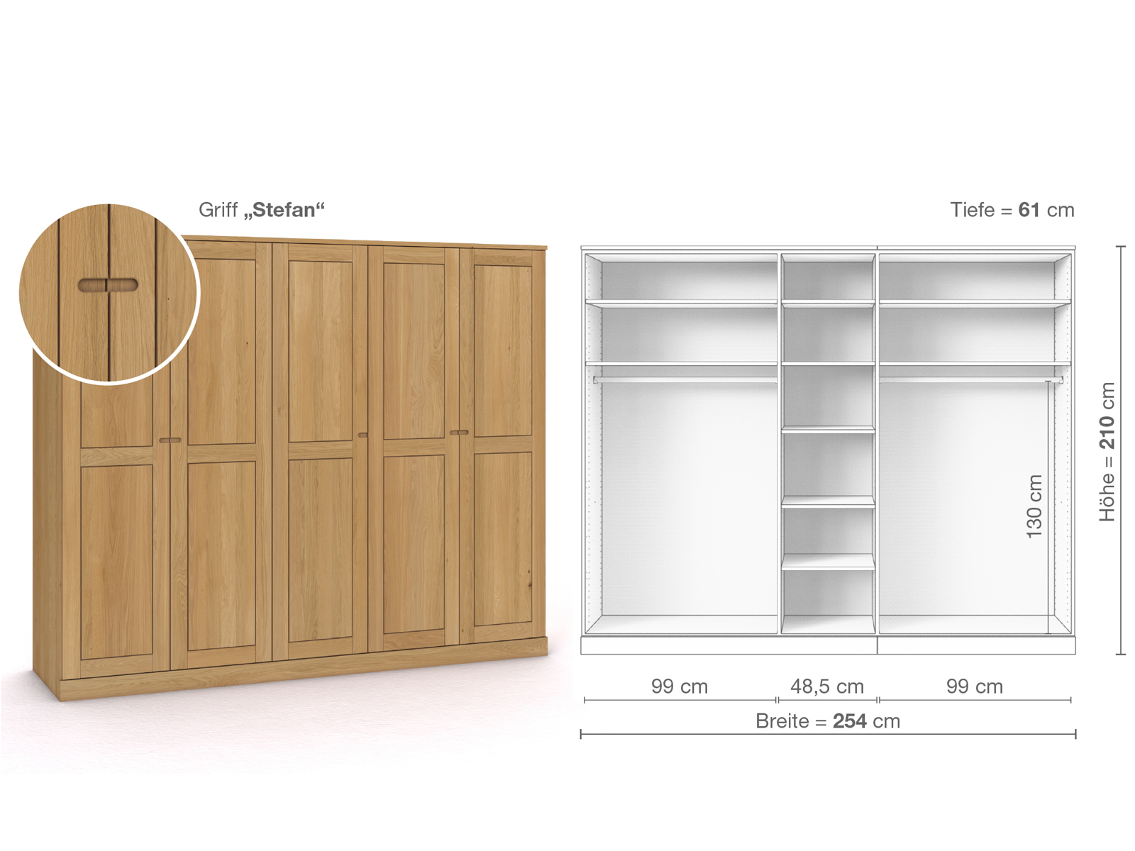 Schrank „Edelweiß“ aus Eiche Hell, 5-türig, Höhe 210 cm, Griffausführung „Stefan“, Inneneinrichtung B