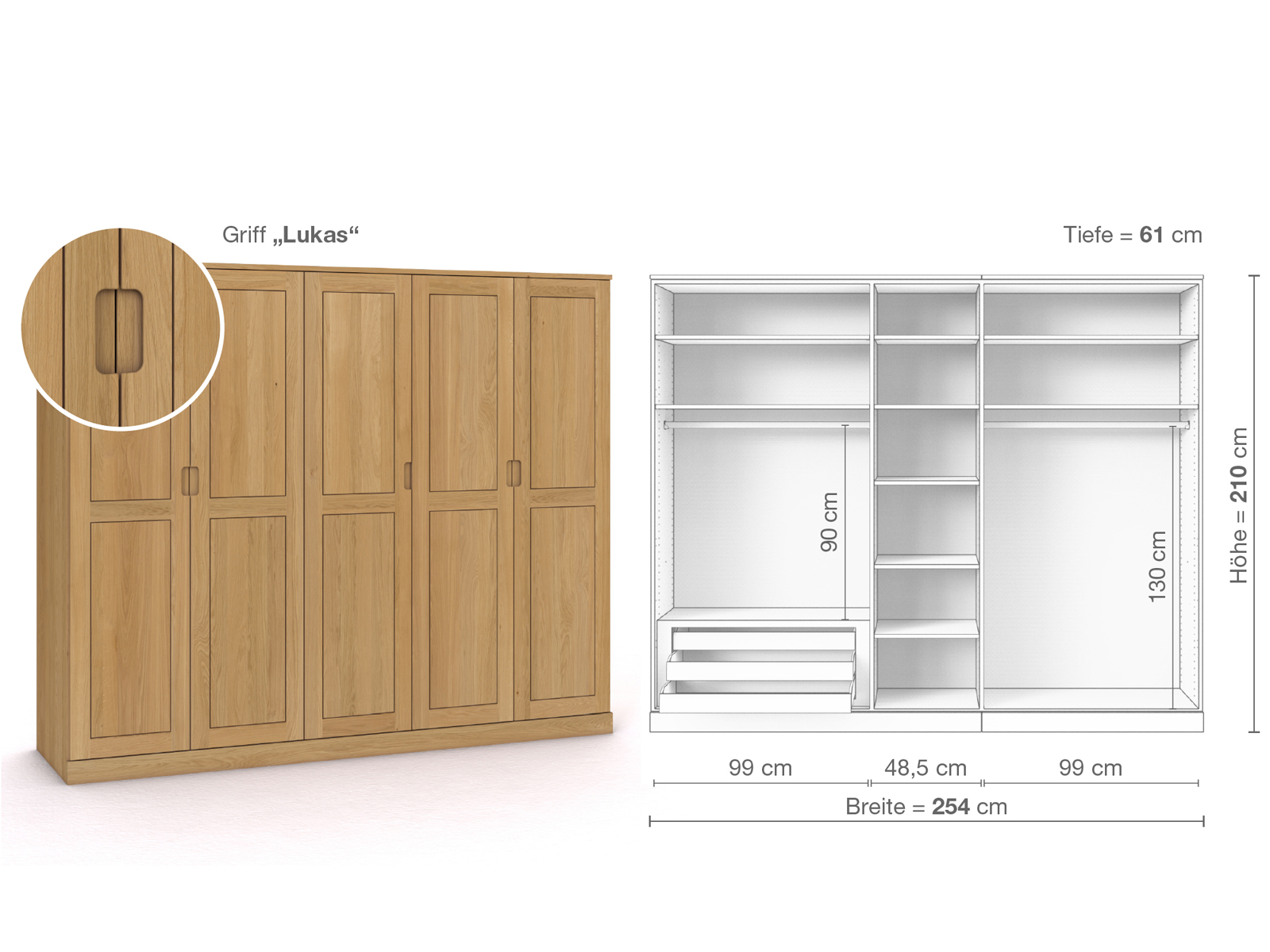 Schrank „Edelweiß“ aus Eiche Hell, 5-türig, Höhe 210 cm, Griffausführung „Lukas“, Inneneinrichtung C