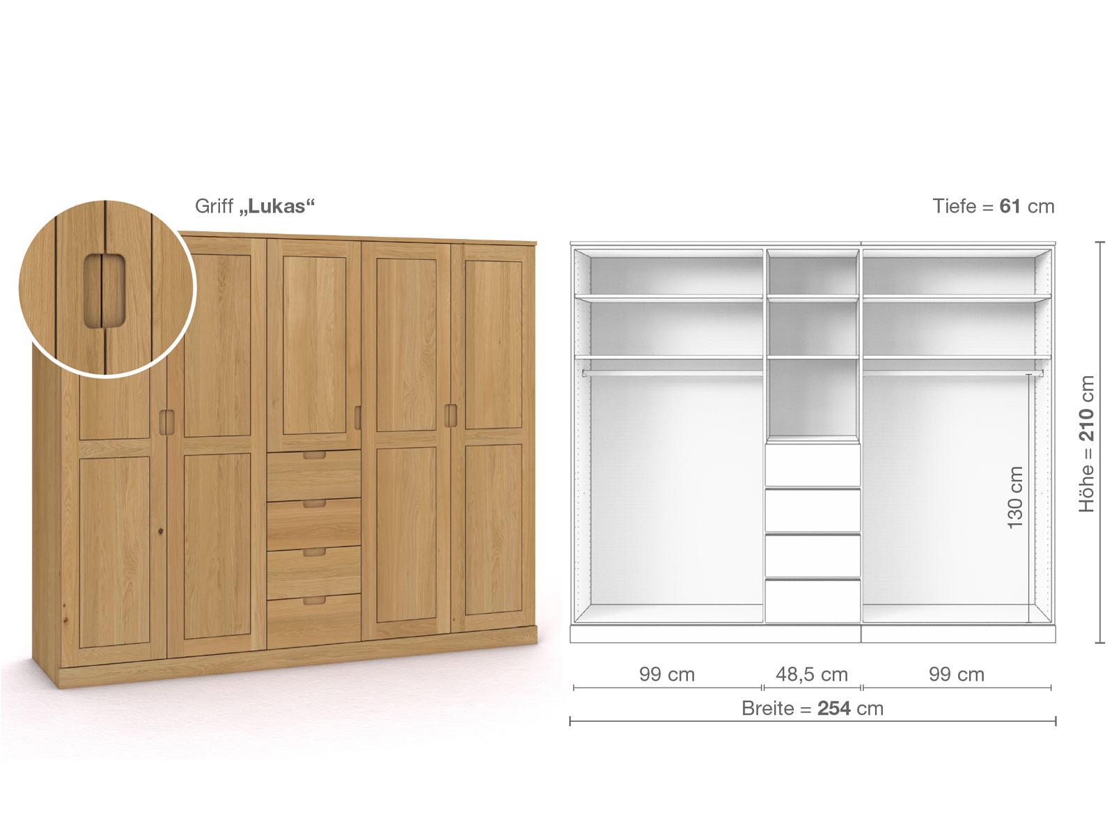 Schrank „Edelweiß“ aus Eiche Hell, 5-türig, Höhe 210 cm, Griffausführung „Lukas“, Inneneinrichtung E