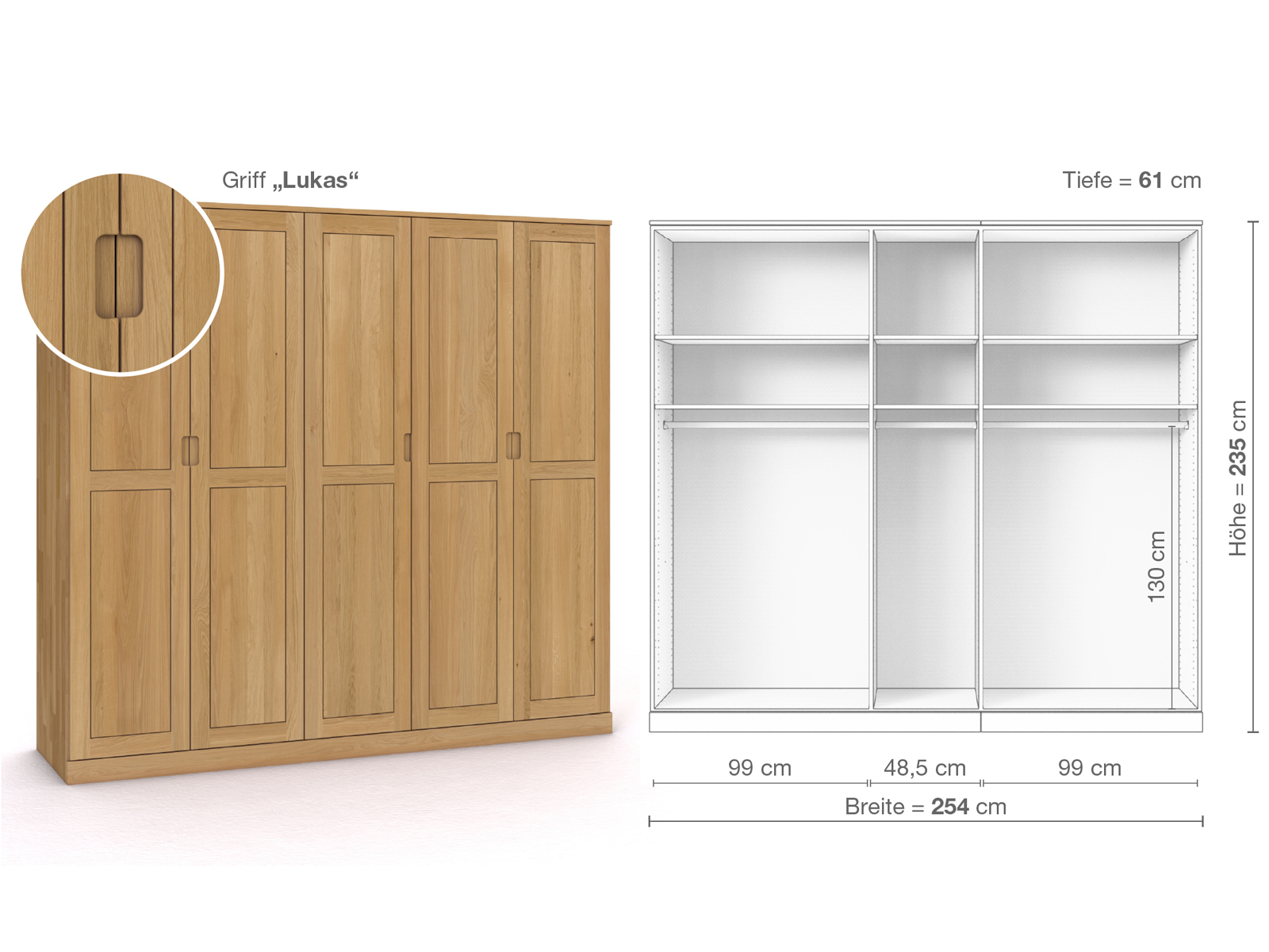 Schrank „Edelweiß“ aus Eiche Hell, 5-türig, Höhe 235 cm, Griffausführung „Lukas“, Inneneinrichtung A