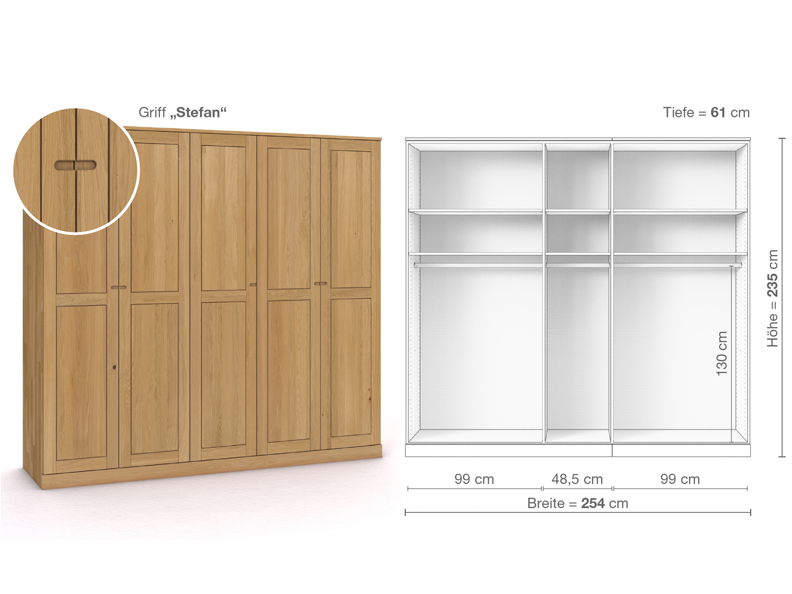 Schrank „Edelweiß“ aus Eiche Hell, 5-türig, Höhe 235 cm, Griffausführung „Stefan“, Inneneinrichtung A