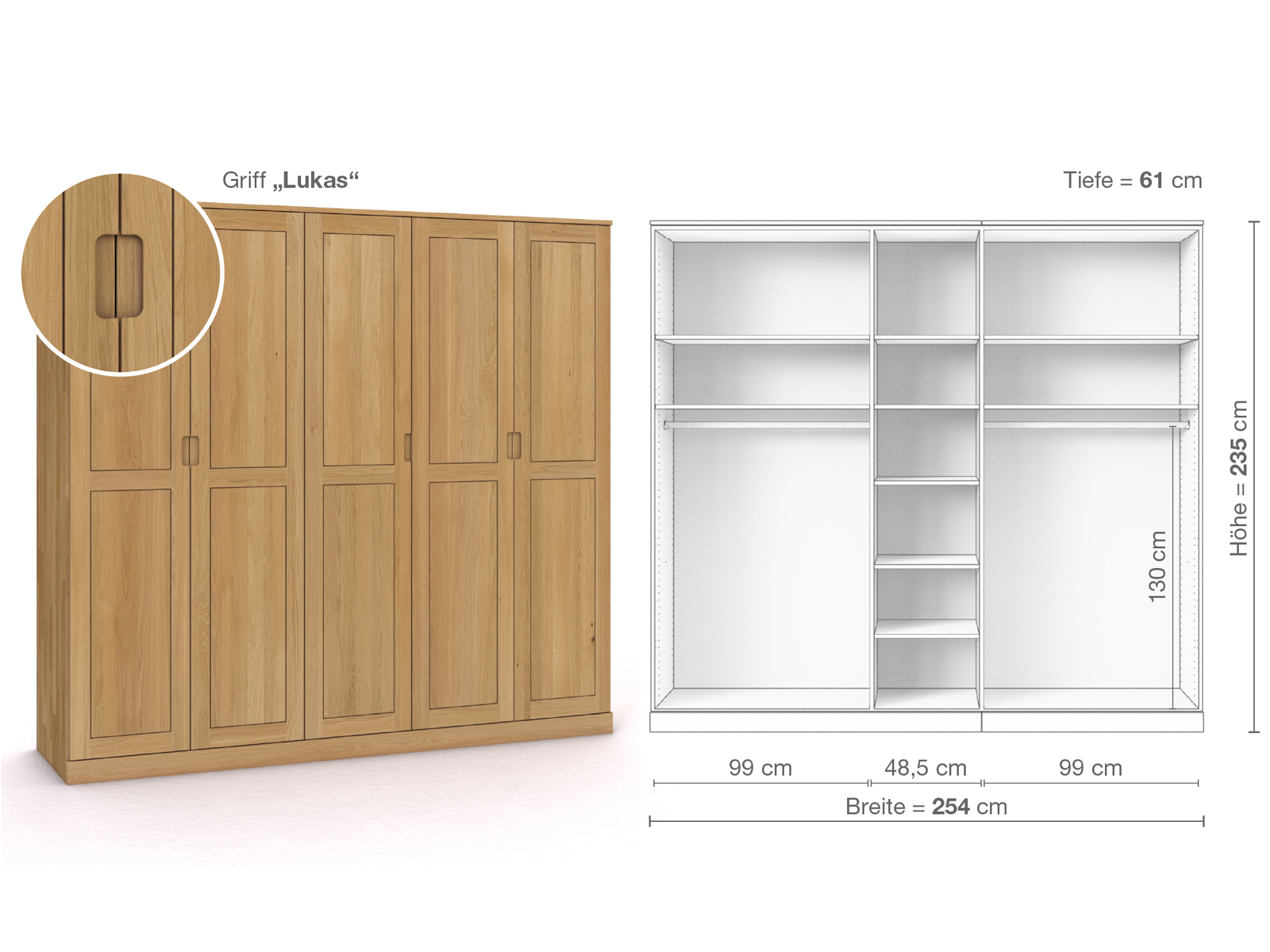 Schrank „Edelweiß“ aus Eiche Hell, 5-türig, Höhe 235 cm, Griffausführung „Lukas“, Inneneinrichtung B