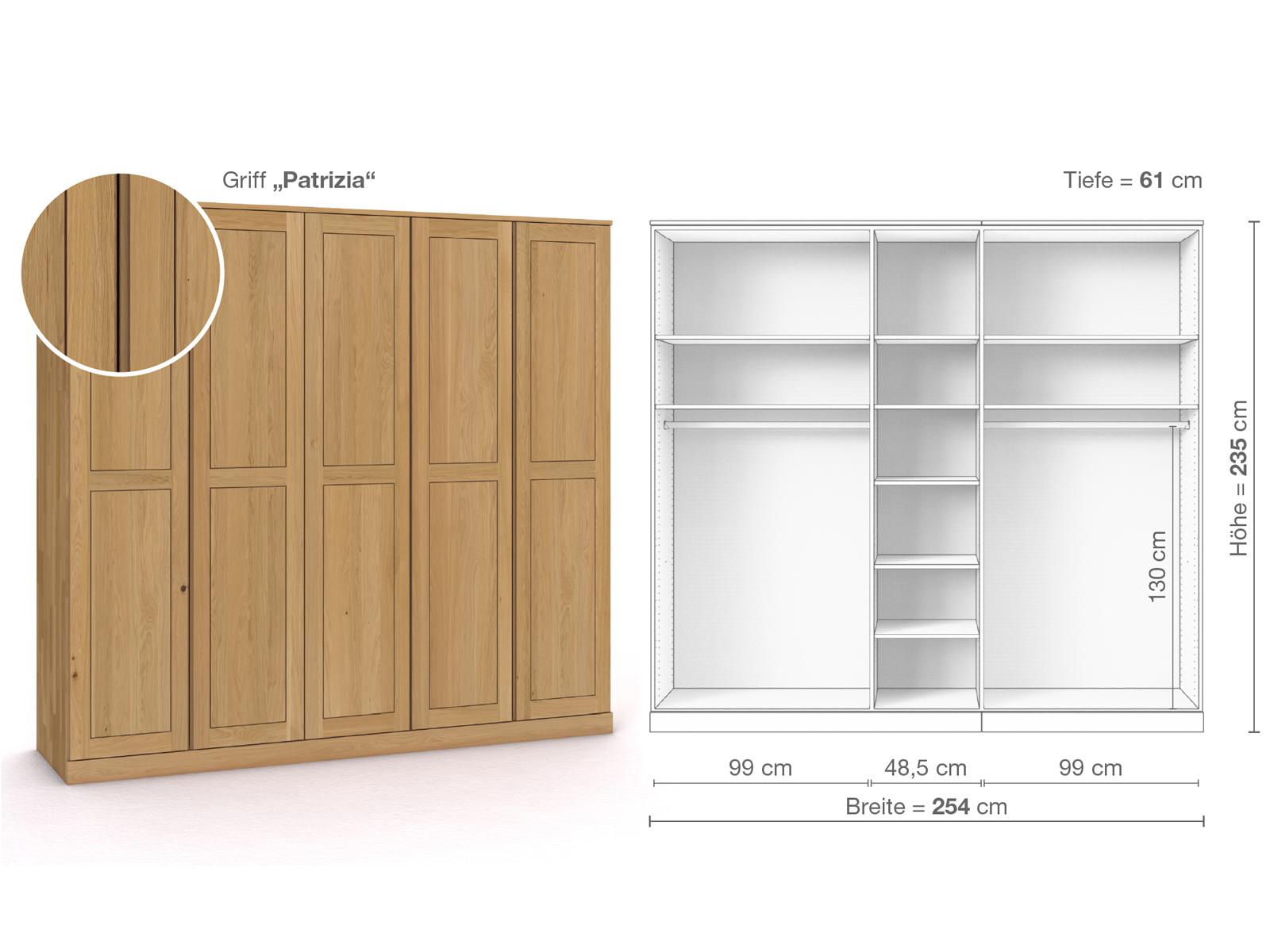 Schrank „Edelweiß“ aus Eiche Hell, 5-türig, Höhe 235 cm, Griffausführung „Patrizia“, Inneneinrichtung B