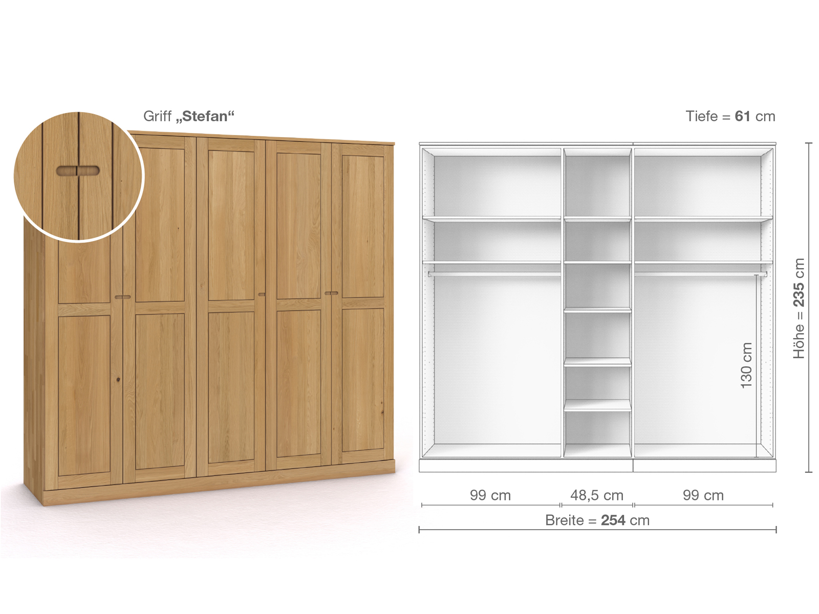 Schrank „Edelweiß“ aus Eiche Hell, 5-türig, Höhe 235 cm, Griffausführung „Stefan“, Inneneinrichtung B