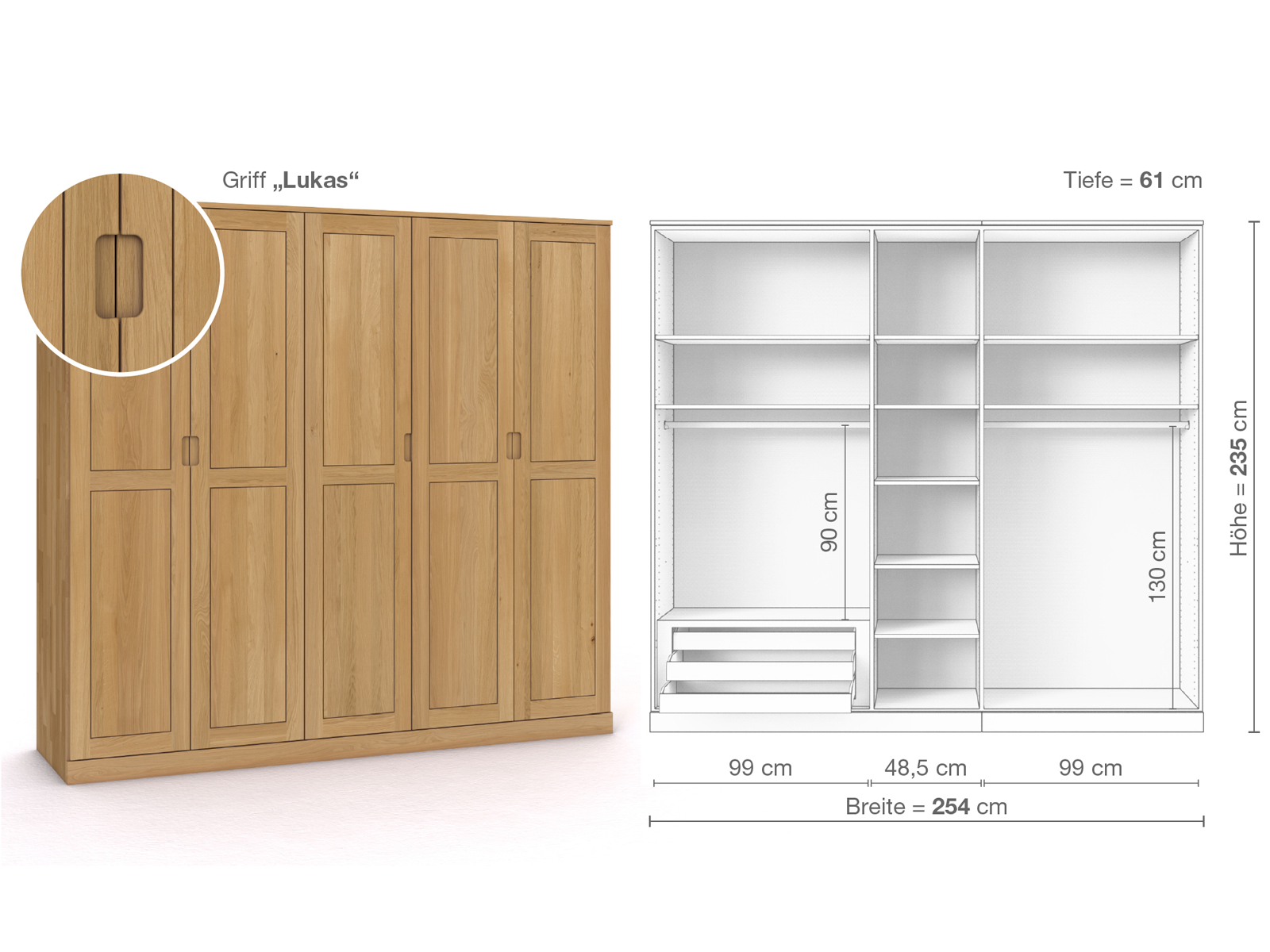 Schrank „Edelweiß“ aus Eiche Hell, 5-türig, Höhe 235 cm, Griffausführung „Lukas“, Inneneinrichtung C