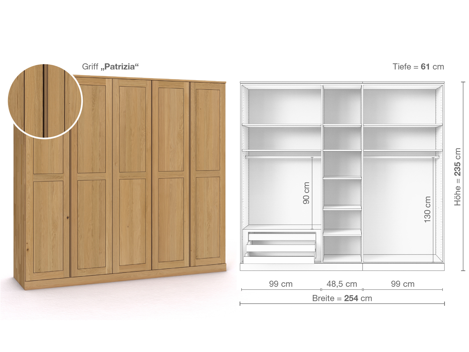 Schrank „Edelweiß“ aus Eiche Hell, 5-türig, Höhe 235 cm, Griffausführung „Patrizia“, Inneneinrichtung C