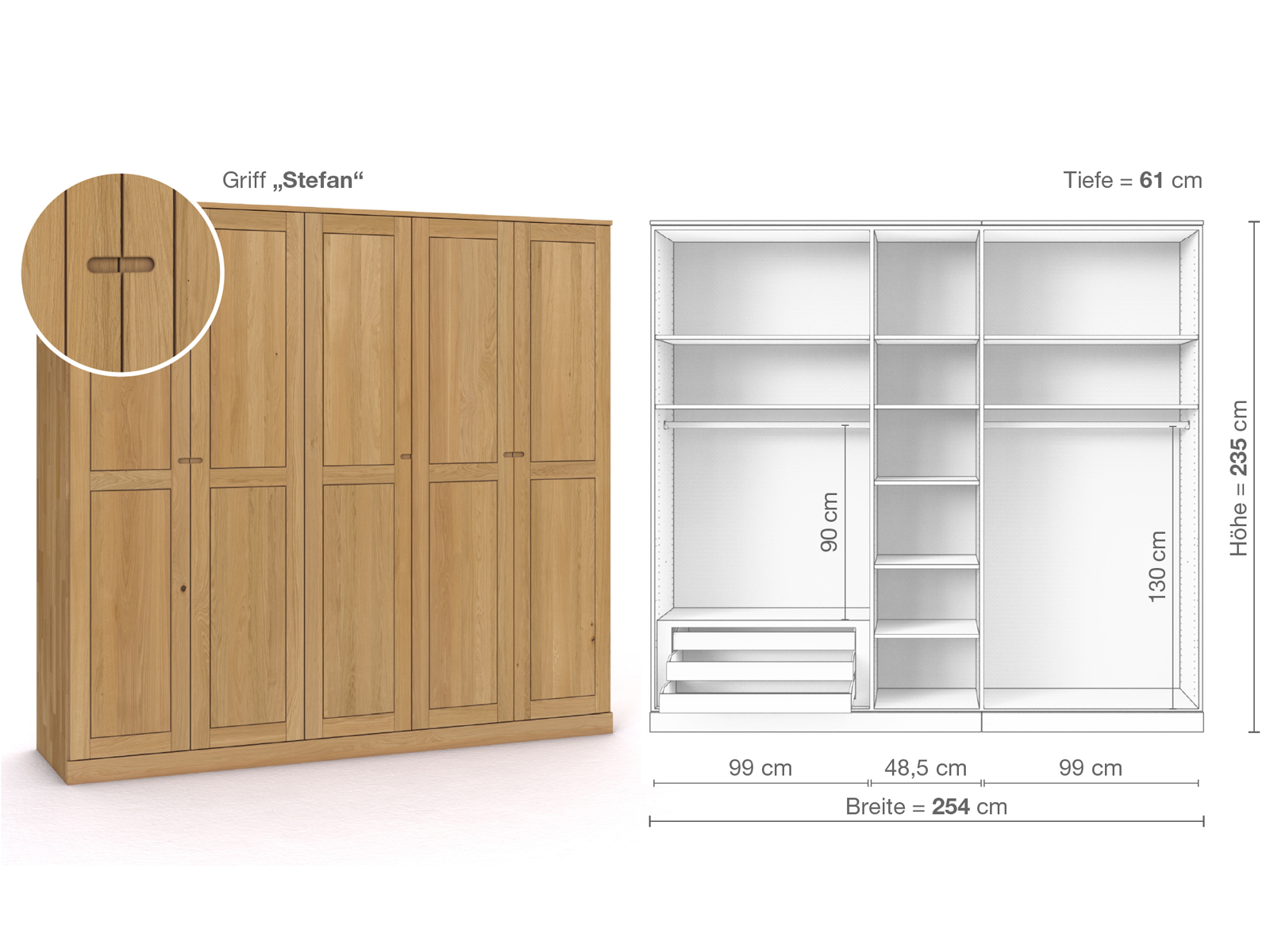 Schrank „Edelweiß“ aus Eiche Hell, 5-türig, Höhe 235 cm, Griffausführung „Stefan“, Inneneinrichtung C