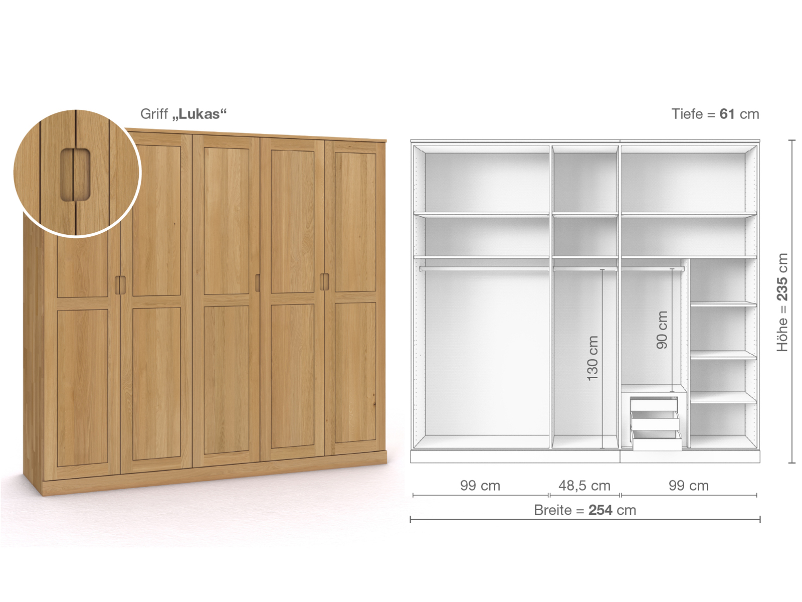 Schrank „Edelweiß“ aus Eiche Hell, 5-türig, Höhe 235 cm, Griffausführung „Lukas“, Inneneinrichtung D