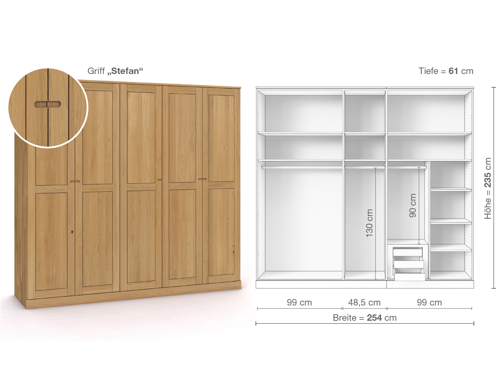 Schrank „Edelweiß“ aus Eiche Hell, 5-türig, Höhe 235 cm, Griffausführung „Stefan“, Inneneinrichtung D