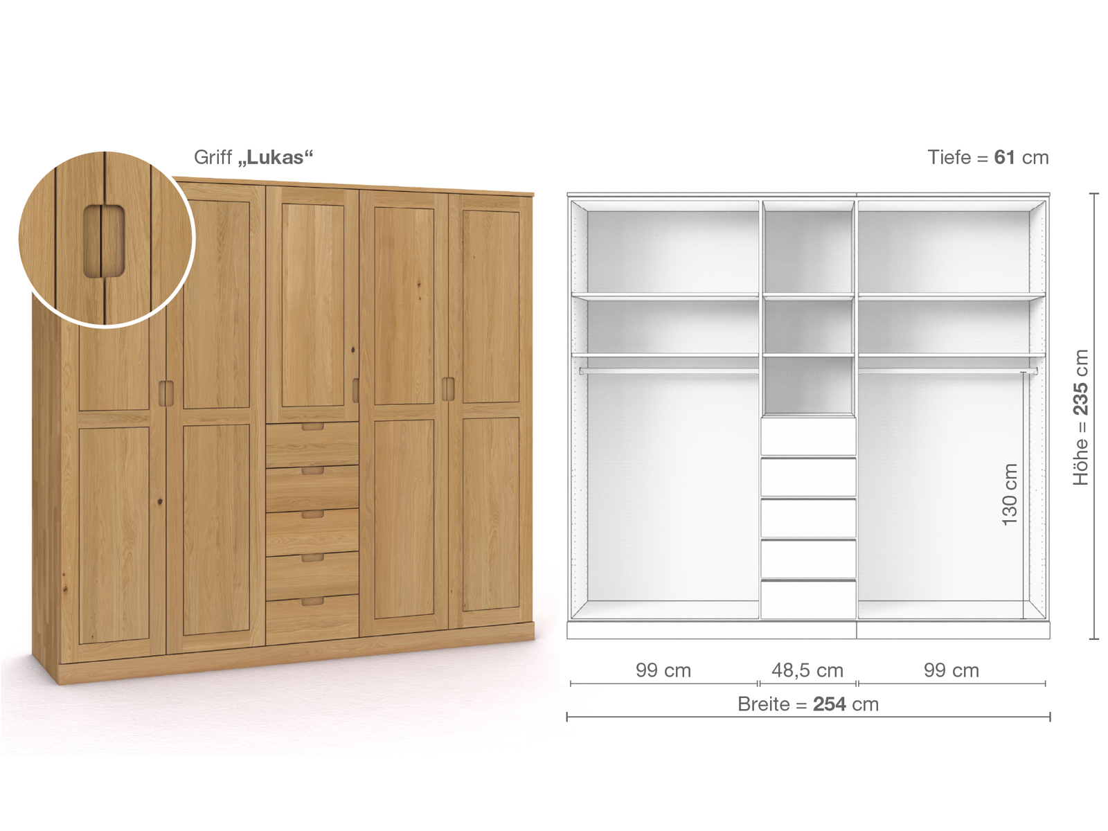 Schrank „Edelweiß“ aus Eiche Hell, 5-türig, Höhe 235 cm, Griffausführung „Lukas“, Inneneinrichtung E