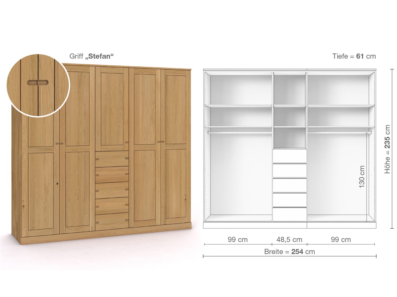 Schrank „Edelweiß“ aus Eiche Hell, 5-türig, Höhe 235 cm, Griffausführung „Stefan“, Inneneinrichtung E