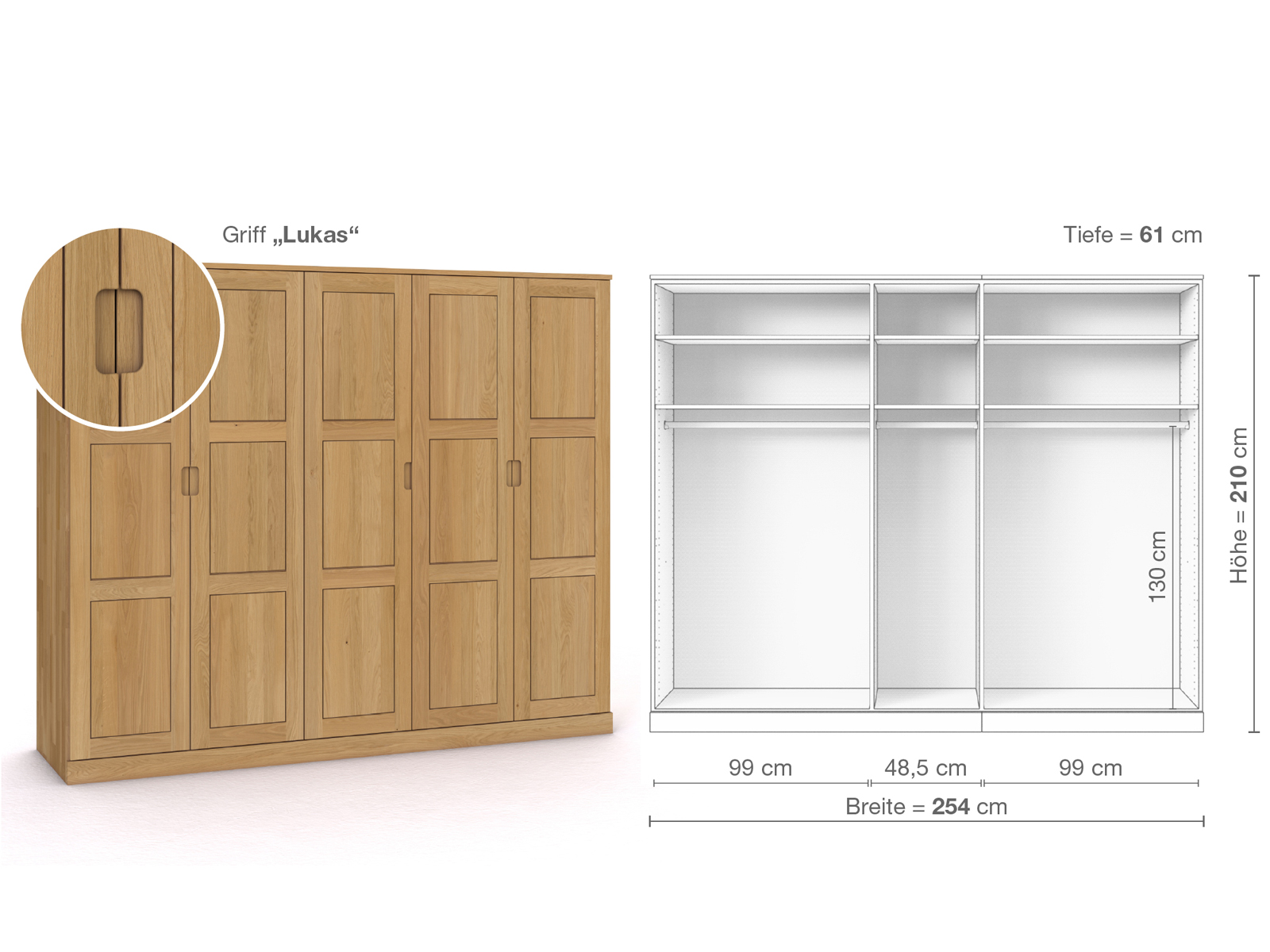 Schrank „Enzian“ aus Eiche Hell, 5-türig, Höhe 210 cm, Griffausführung „Lukas“, Inneneinrichtung A