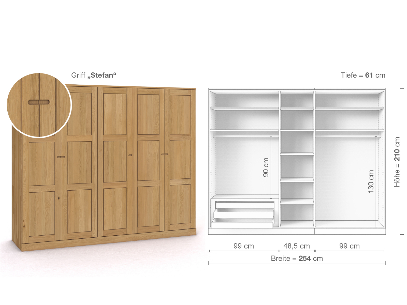 Schrank „Enzian“ aus Eiche Hell, 5-türig, Höhe 210 cm, Griffausführung „Stefan“, Inneneinrichtung C