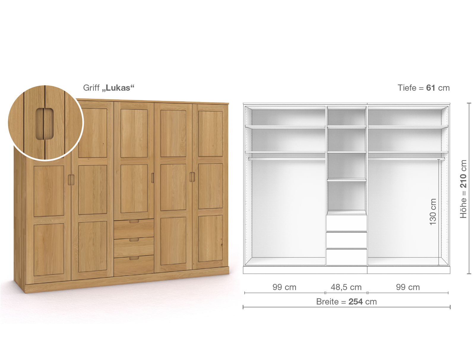 Schrank „Enzian“ aus Eiche Hell, 5-türig, Höhe 210 cm, Griffausführung „Lukas“, Inneneinrichtung E