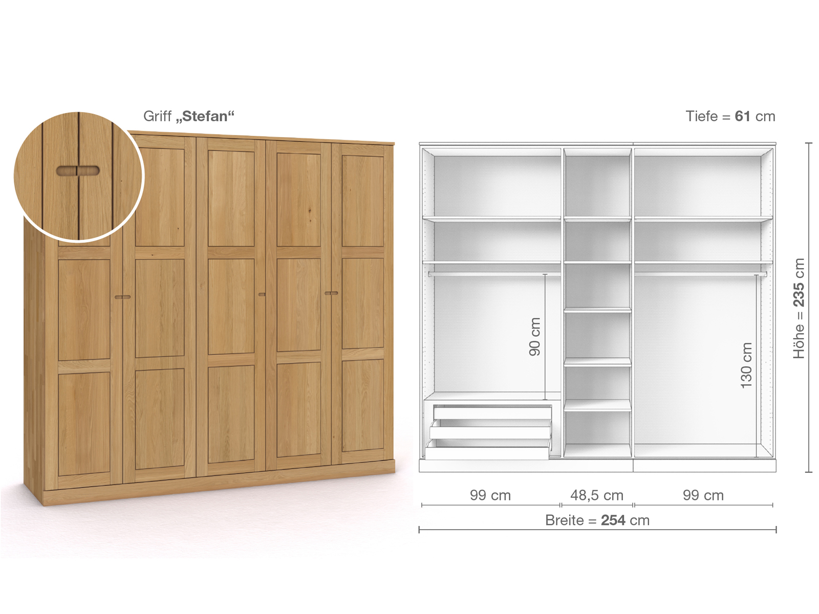 Schrank „Enzian“ aus Eiche Hell, 5-türig, Höhe 235 cm, Griffausführung „Stefan“, Inneneinrichtung C